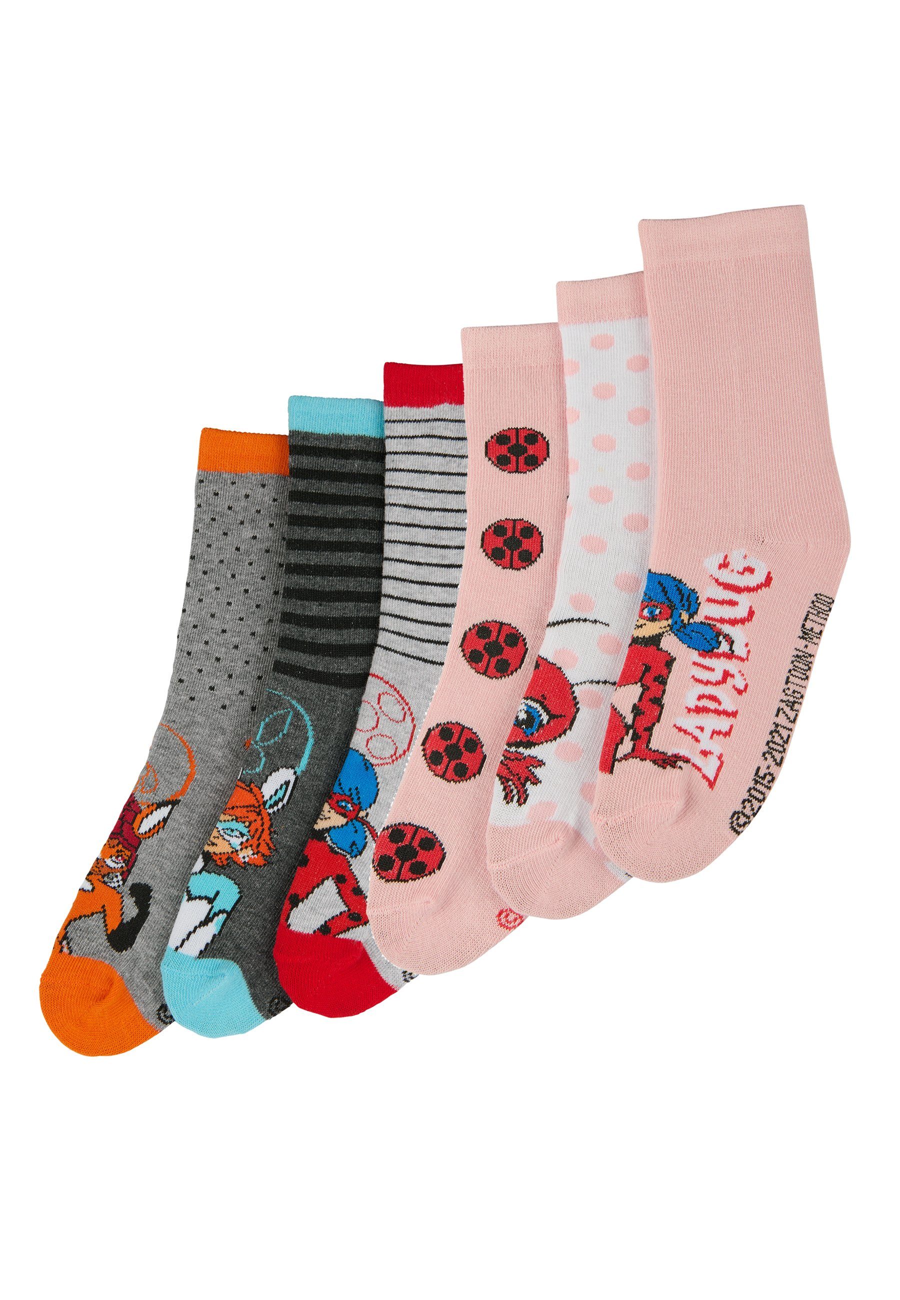 ONOMATO! Socken Miraculous Lady Bug Kinder Mädchen Socken 6er Pack (6-Paar)
