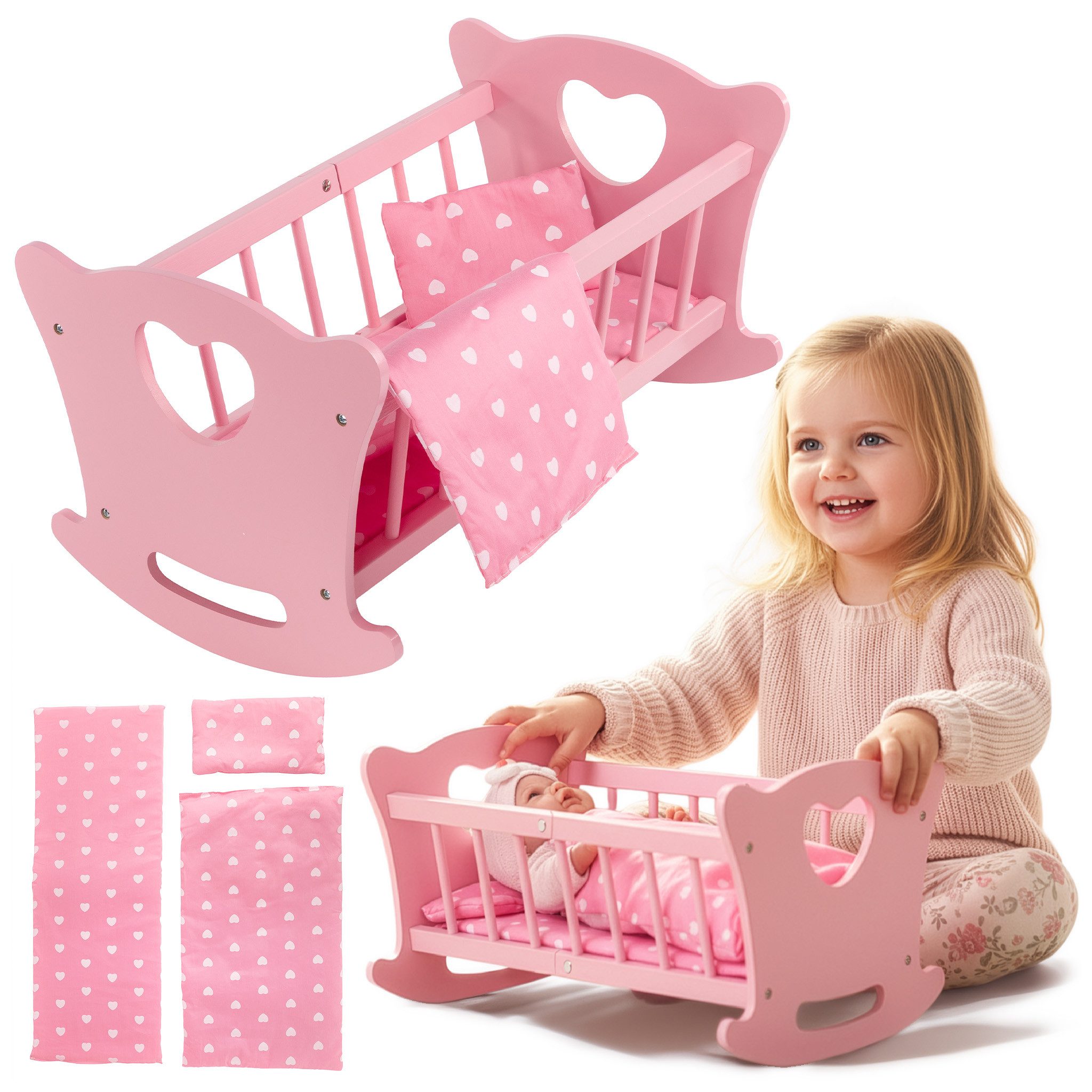 Green Series Puppenbett Holzpuppenwiege mit Bettwäsche – Kinderplay Green Series GS2106