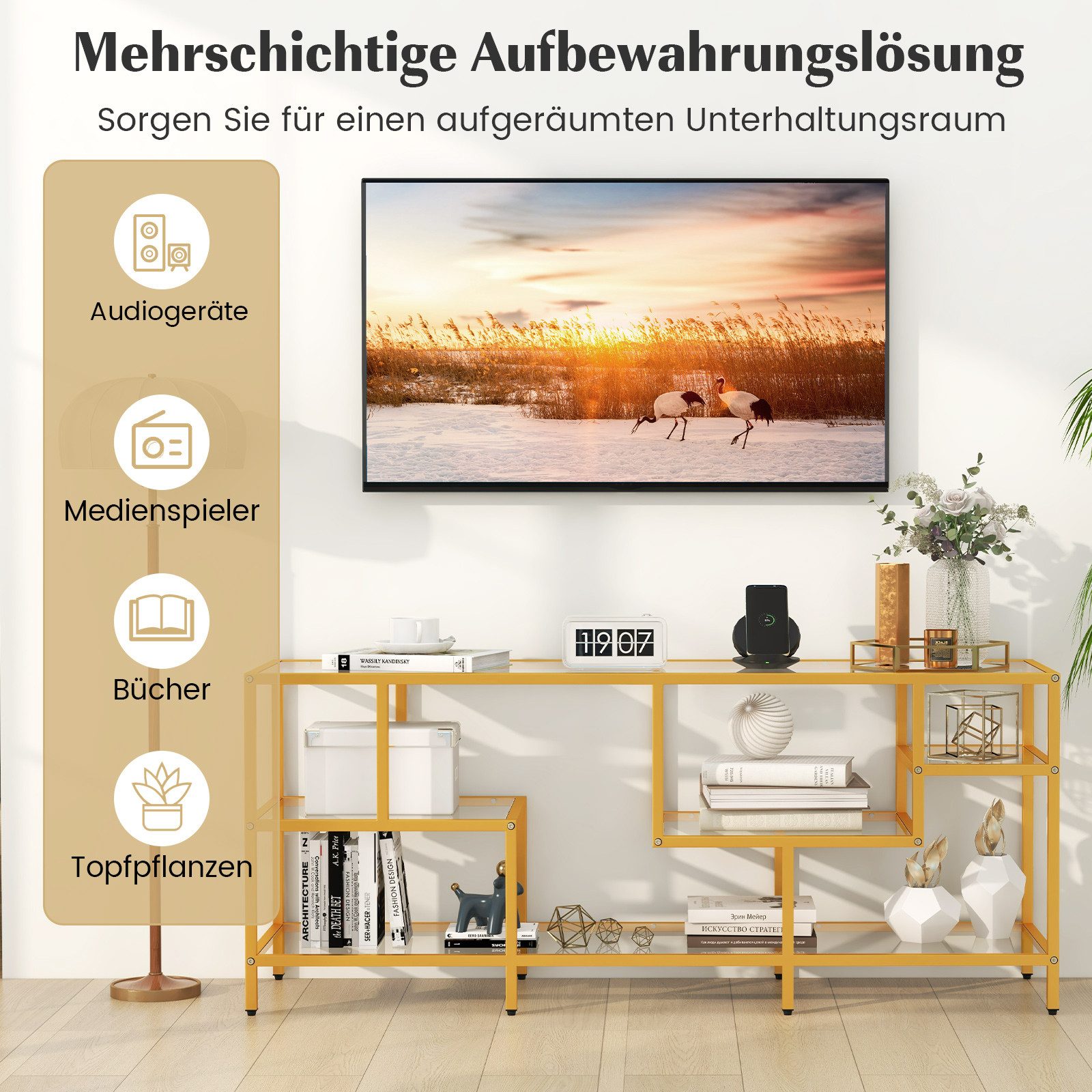 COSTWAY TV-Schrank Konsolentisch mit gehärteten Glasregalen, Gold, 147cm