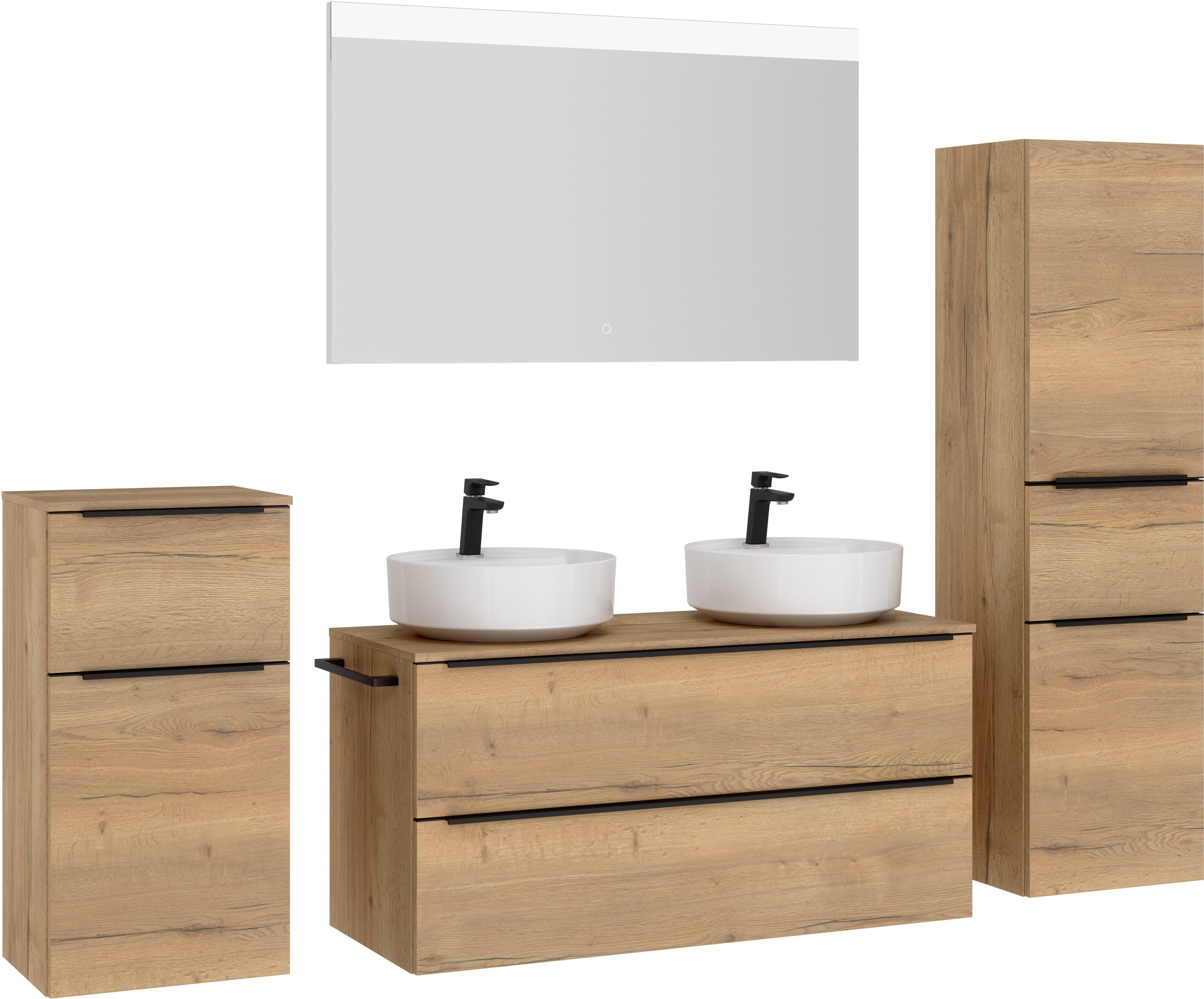 nobilia® Badmöbel-Set Alvene, (4-St., vormontiert, mit Soft-Close), inkl. Spiegel mit Touch-Sensor, in vier Breiten