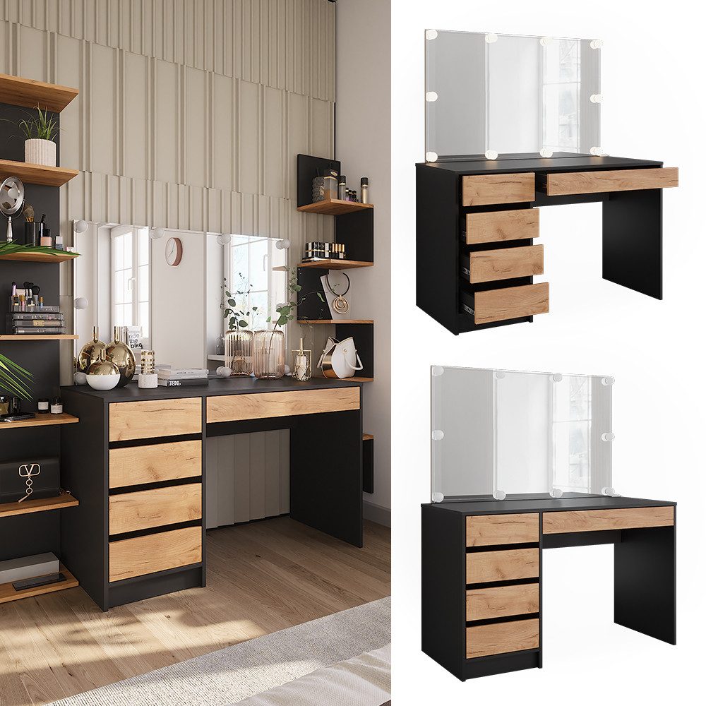Vicco Schminktisch Sherry, Anthrazit/Goldkraft Eiche, 120 x 75 cm mit Spiegel & LED-Be... (2-St)