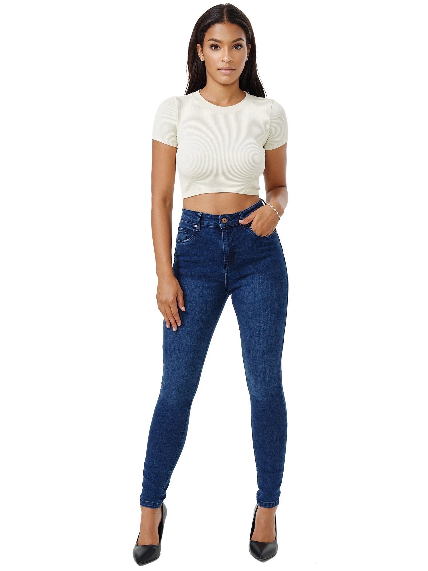Tazzio Damen dunkelblau Skinny Fit High-waist-Jeans F101 Jeanshose