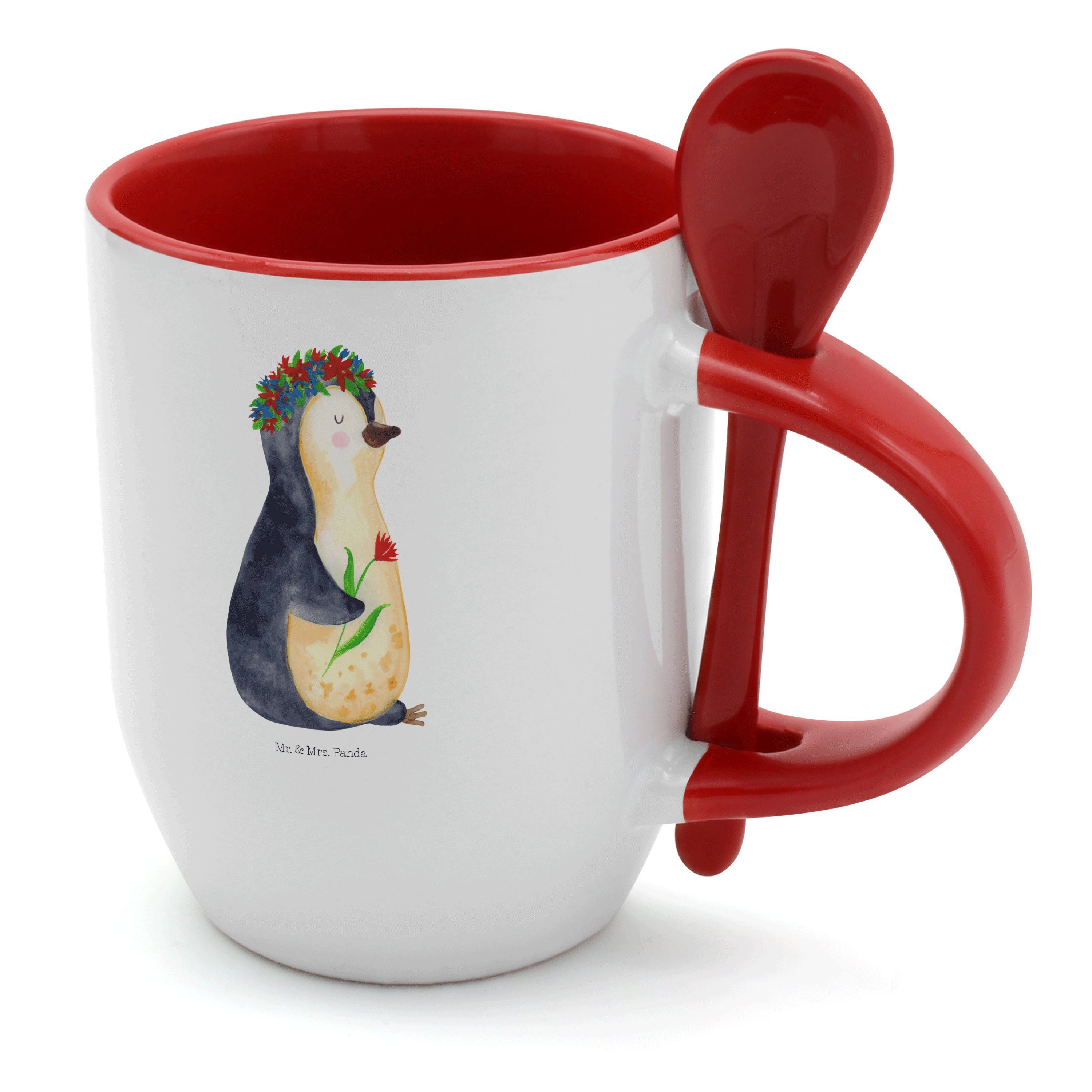 Mr. & Mrs. Panda Tasse Geschenk, - Pinguine, Pinguin Keramik - Tasse, Weiß Blumenkranz Kaffeetasse