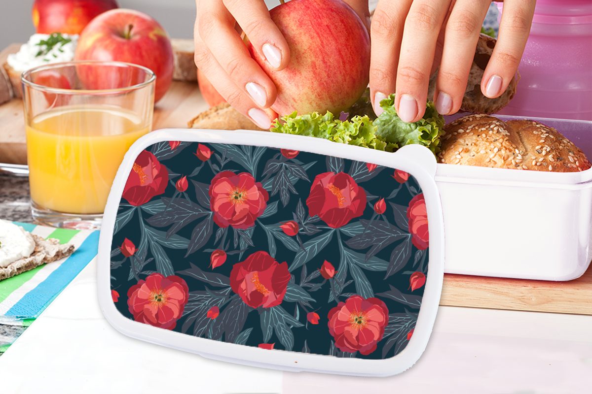 Blumen Erwachsene, Kinder Mädchen für und (2-tlg), - Rot Lunchbox - weiß für Brotbox Jungs Muster, Brotdose, MuchoWow - und Kunststoff, Blätter