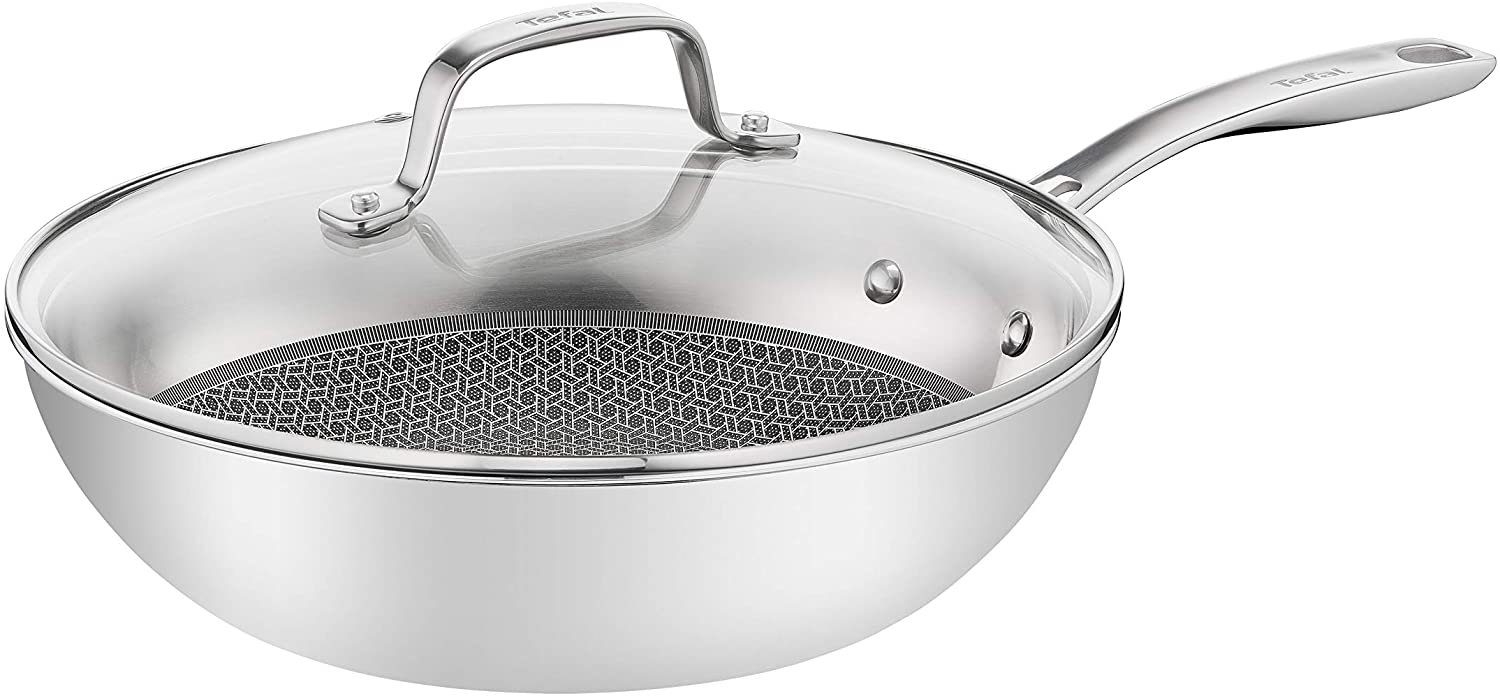 Ingenio mit Wok Tefal 28cm Antihaft + Mesh 28cm Pfanne Schutzgitter, ETERNAL 24 (5-tlg), Pfannen-Set Edelstahl MESH, Pfanne Deckel Antihaftbeschichtung, Pfannenwender, kratzfeste Edelstahl + +