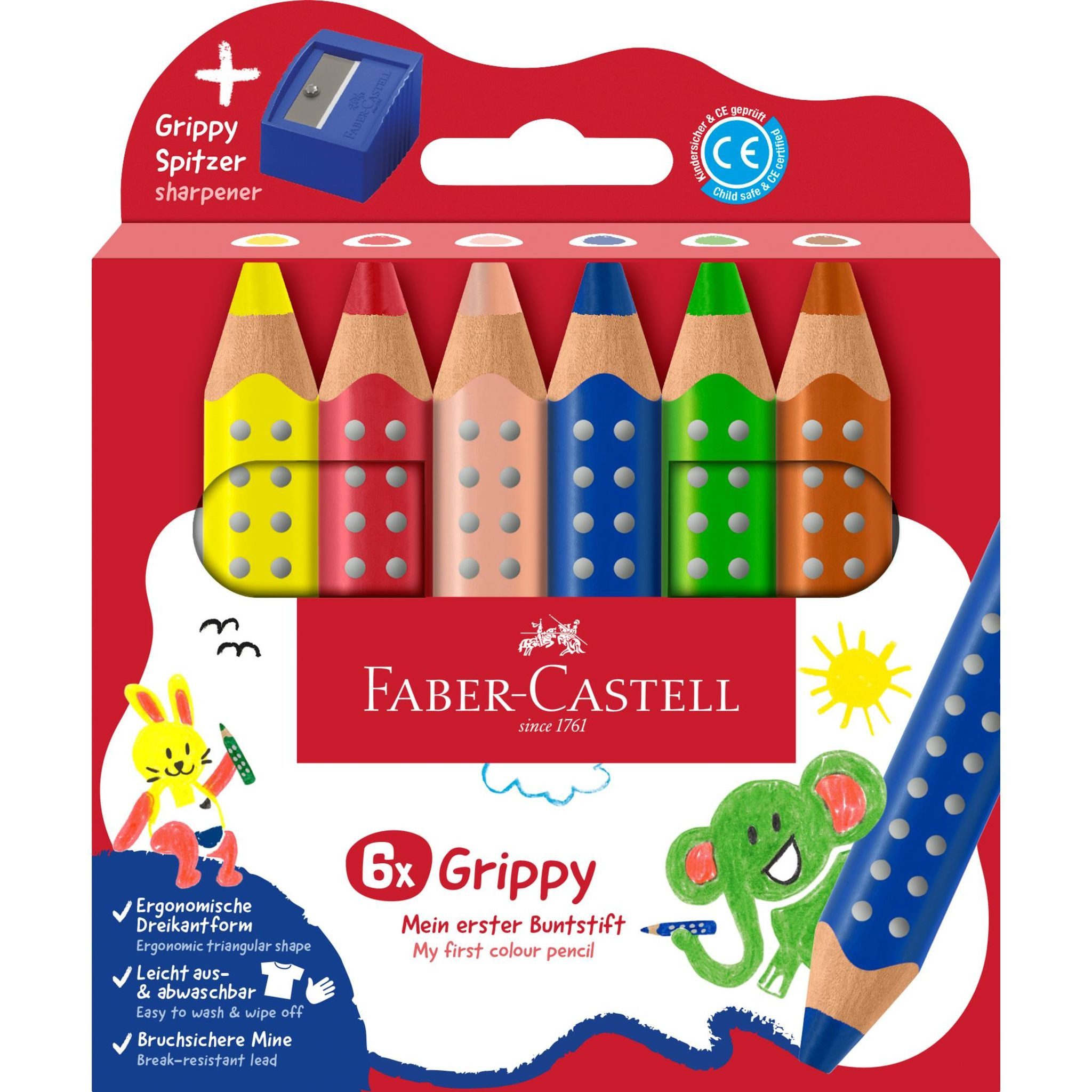 Faber-Castell Buntstift Faber Castell Buntstift Grippy 10 mm 6er Set mit Spitzer