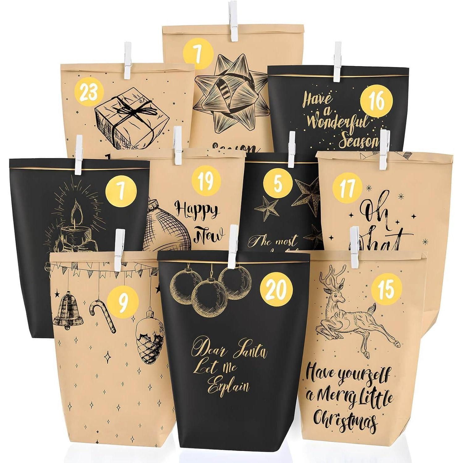 LuxusKollektion befüllbarer Adventskalender Adventskalender Befüllbar 2025 24 Papiertüten XXL SCHWARZ-GELBER