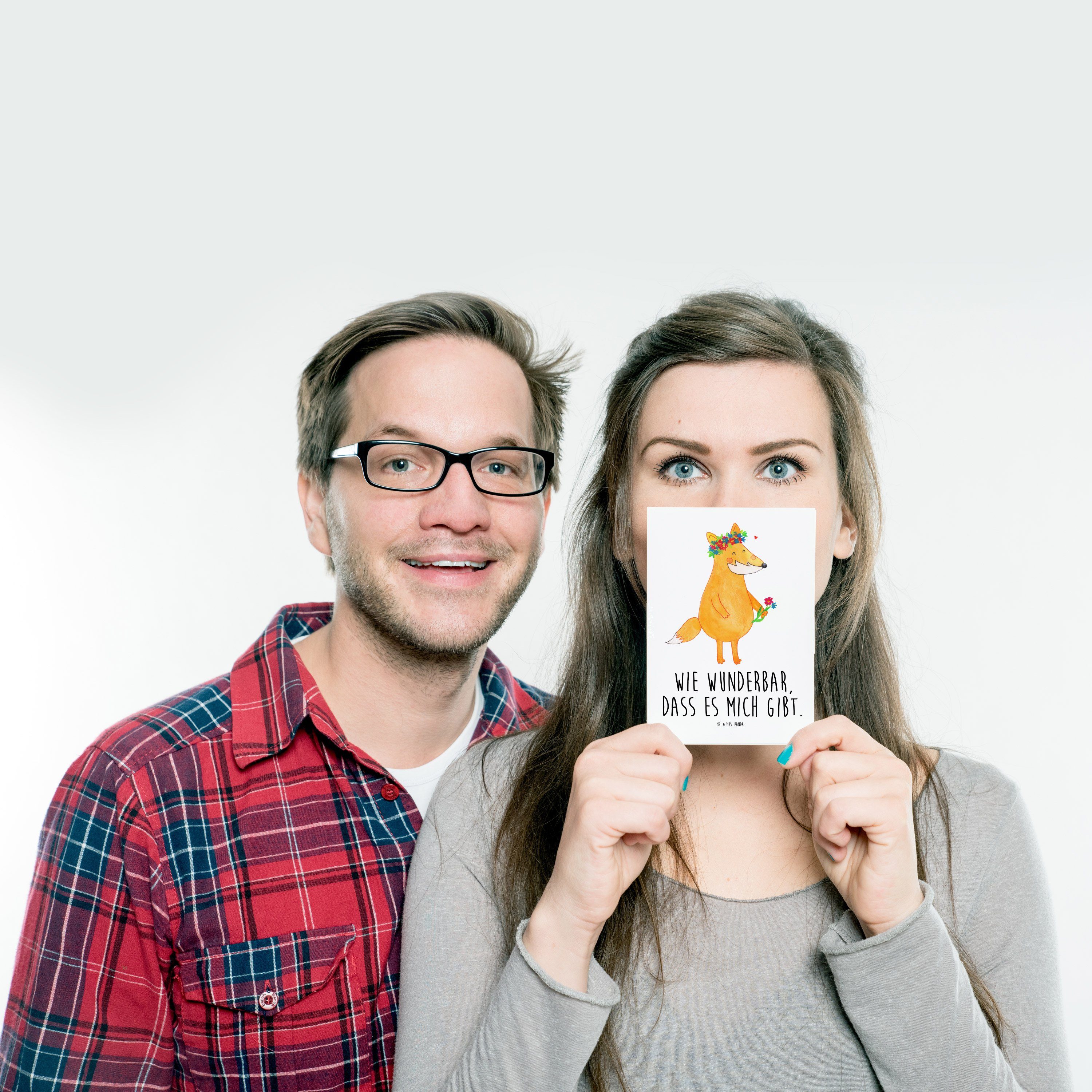 Mr. & Mrs. Panda Weiß Postkarte - Geschenk, Blumenliebe - Motivation, Fuchs Geschenkkart Freude