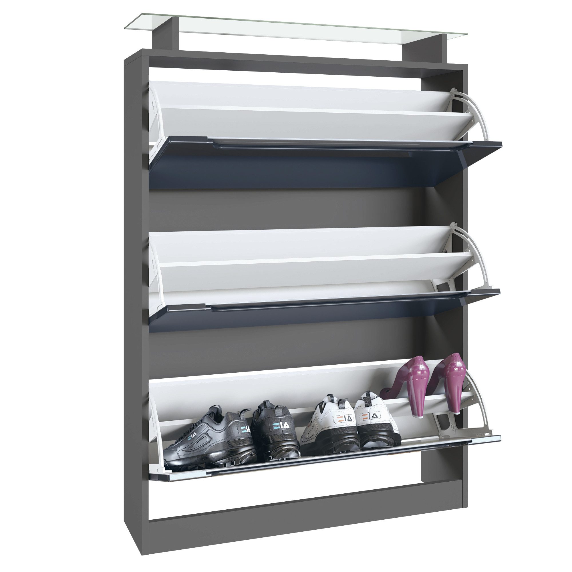 Vladon Schuhschrank Space (Schuhkipper, für 24 Paar Schuhe mit 3 Klappen und Glasablage) Anthrazit matt/Bordeaux Hochglanz (89 x 128 x 23 cm)