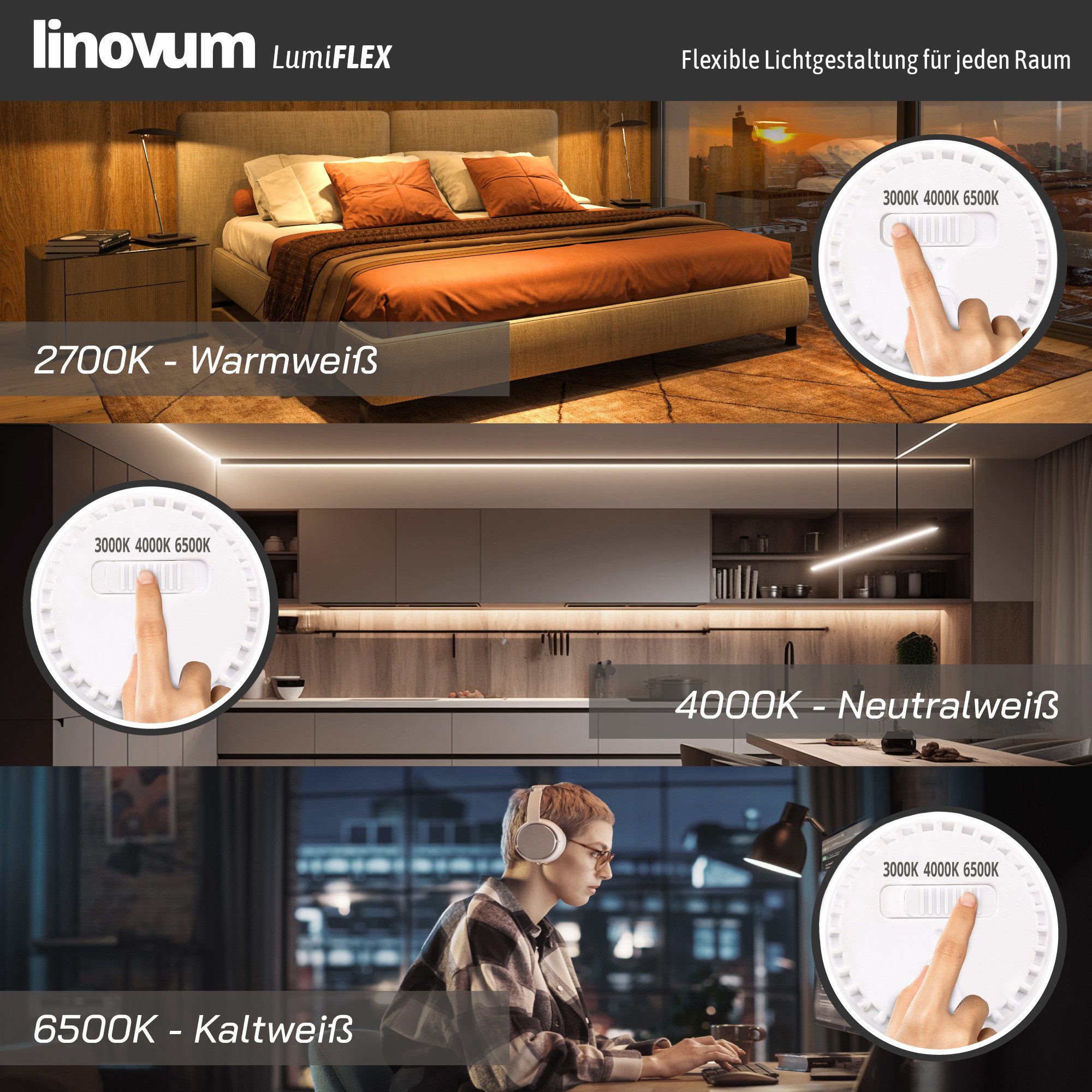 linovum LED Außen-Deckenleuchte Aufbauleuchte SMOL-W LED 4W LumiFLEX 3CCT IP44 Aufbauspot 3 Lichtmodi, Warmweiß