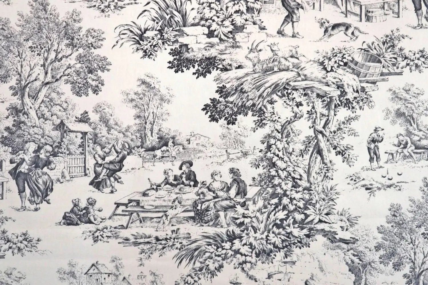 Stofferia Stoff Dekostoff Baumwolle Toile de Jouy Banquet Schwarz, Meterware