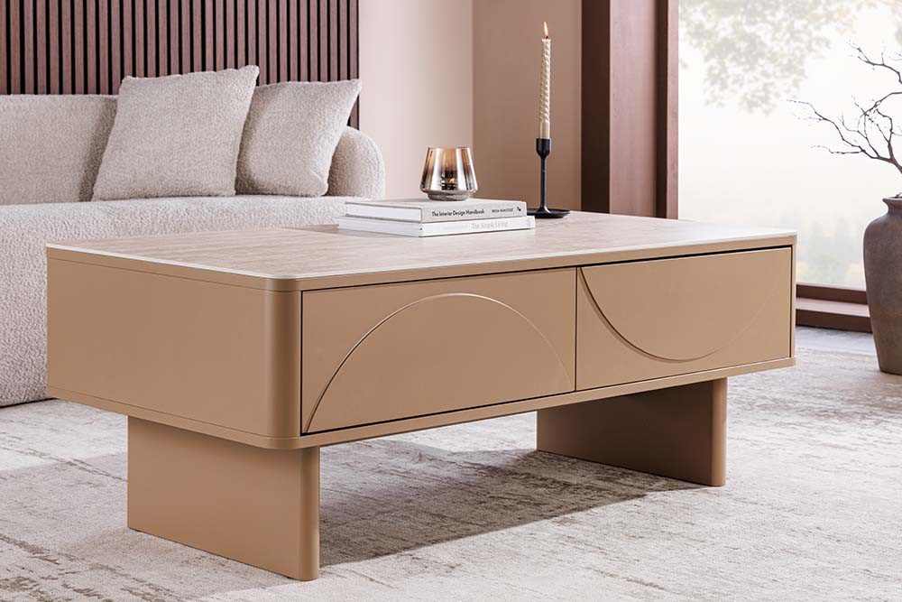 riess-ambiente Couchtisch SAVOY 120cm grau/beige/greige-Keramik, Travetin, Schubladen, Stauraum (Einzelartikel, 1-St), Zeitloser Couchtisch in Marmoroptik - ideal für Wohn- und Schlafzimmer