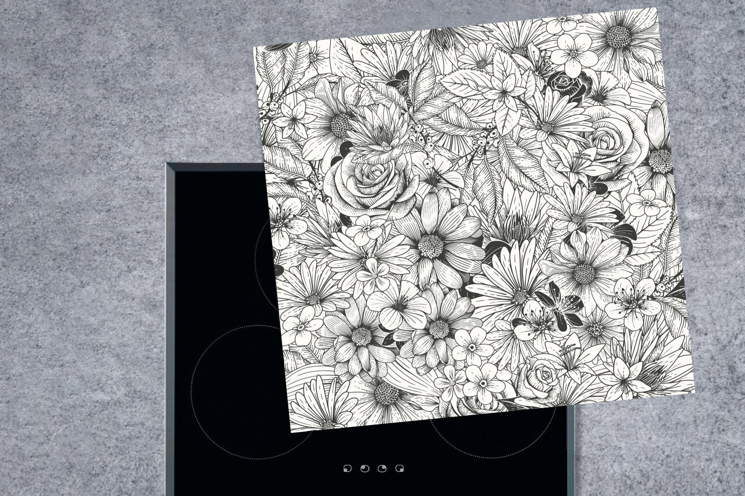 Eine 78x78 Herdblende-/Abdeckplatte küche Vinyl, für (1 florale Ceranfeldabdeckung, MuchoWow Illustration, Arbeitsplatte schwarz-weiße tlg), cm,