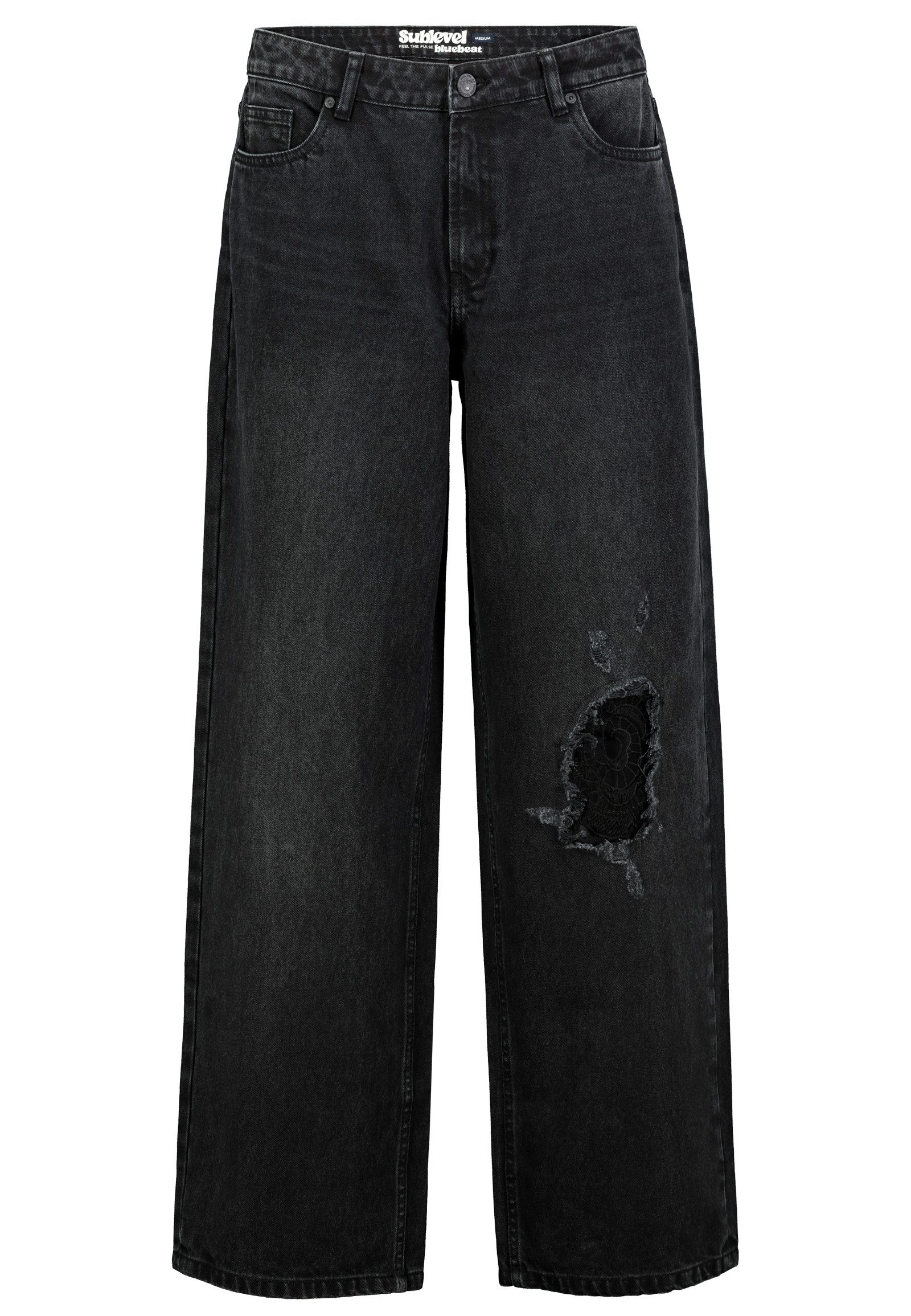 SUBLEVEL Straight-Jeans Damen Wide Leg Jeans Spitzeneinsatz, Weites Bein, Used-Look