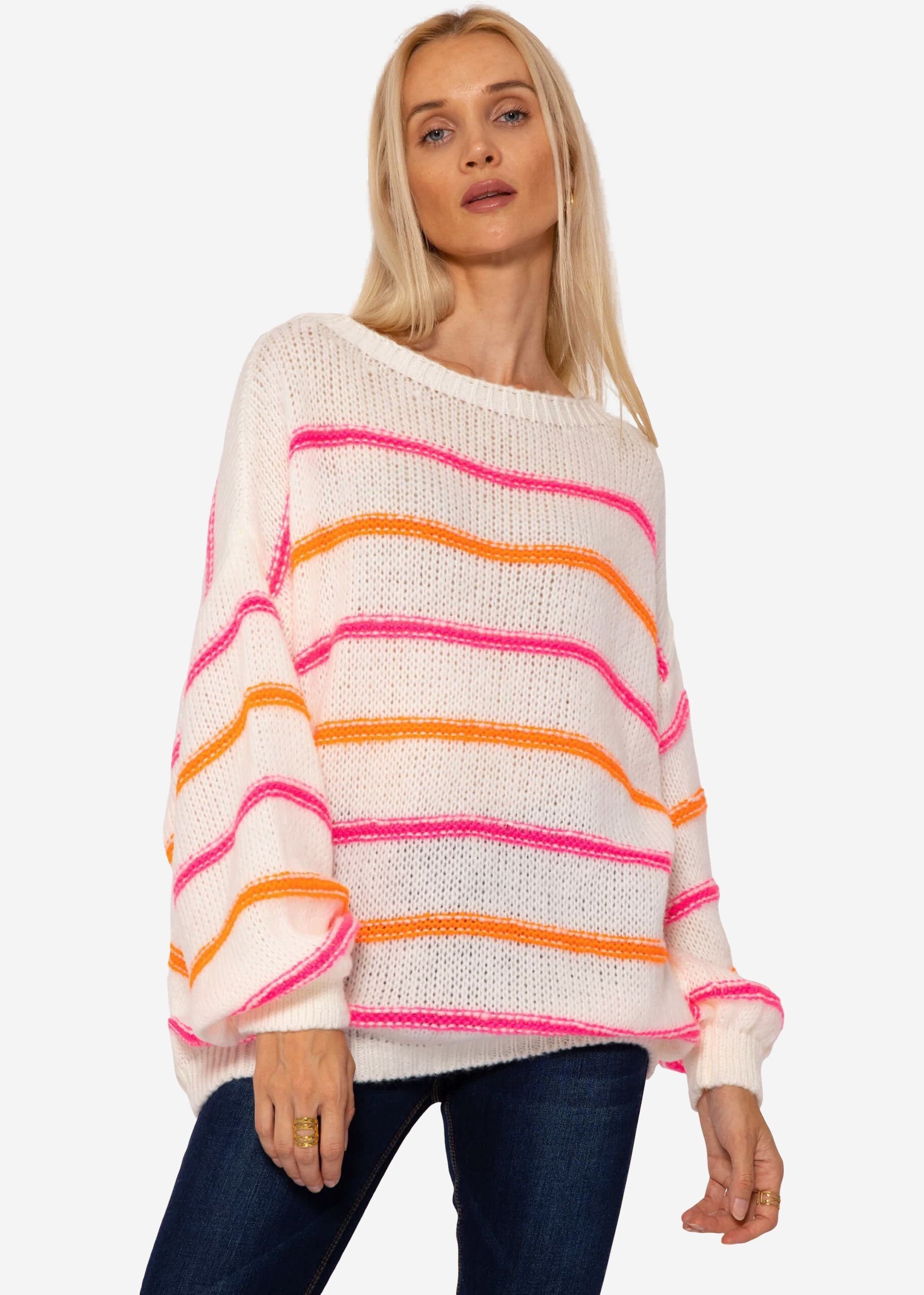 SASSYCLASSY Strickpullover Oversize Pullover Damen aus weichem Grobstrick Lässiger Strickpullover mit weitem Rundhalsausschnitt Made in Italy Offwhite, Pink, Orange