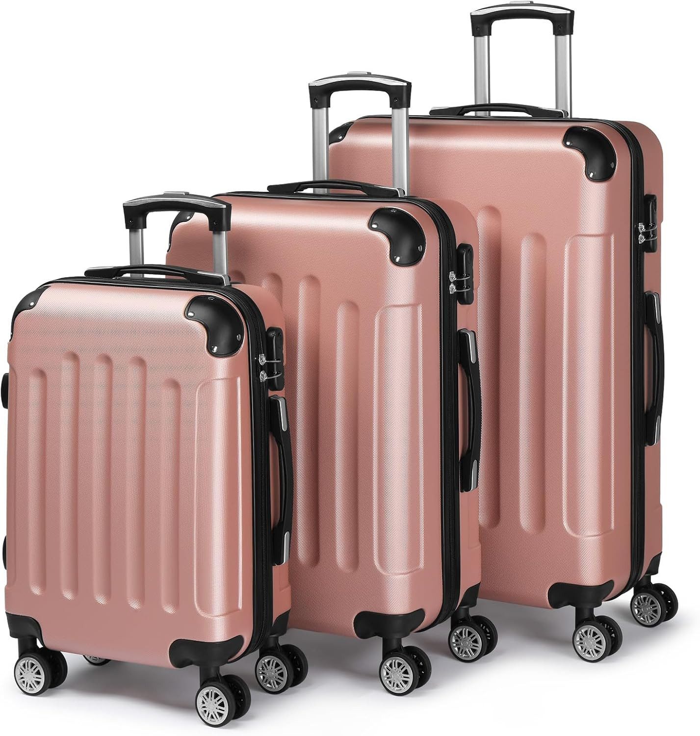 LALAHO Trolleyset Reisekoffer Set Hartschalenkoffer Trolley mit 360° Rollen, 4 Rollen, (3 tlg), Koffer Set aus ABS mit Teleskopstange, Handgepäck, Roségold