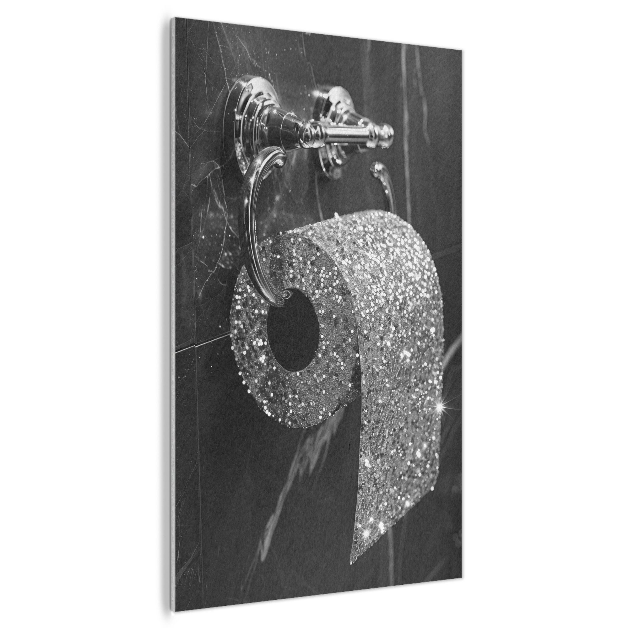 MuchoWow Gemälde Toilette - Toilettenpapier - Schwarz und weiß - Glitzer, Fotodruck (1 St), Akustikpaneele PET-Filz, Akustikbild, Schalldämmung, Deko 90x140 cm