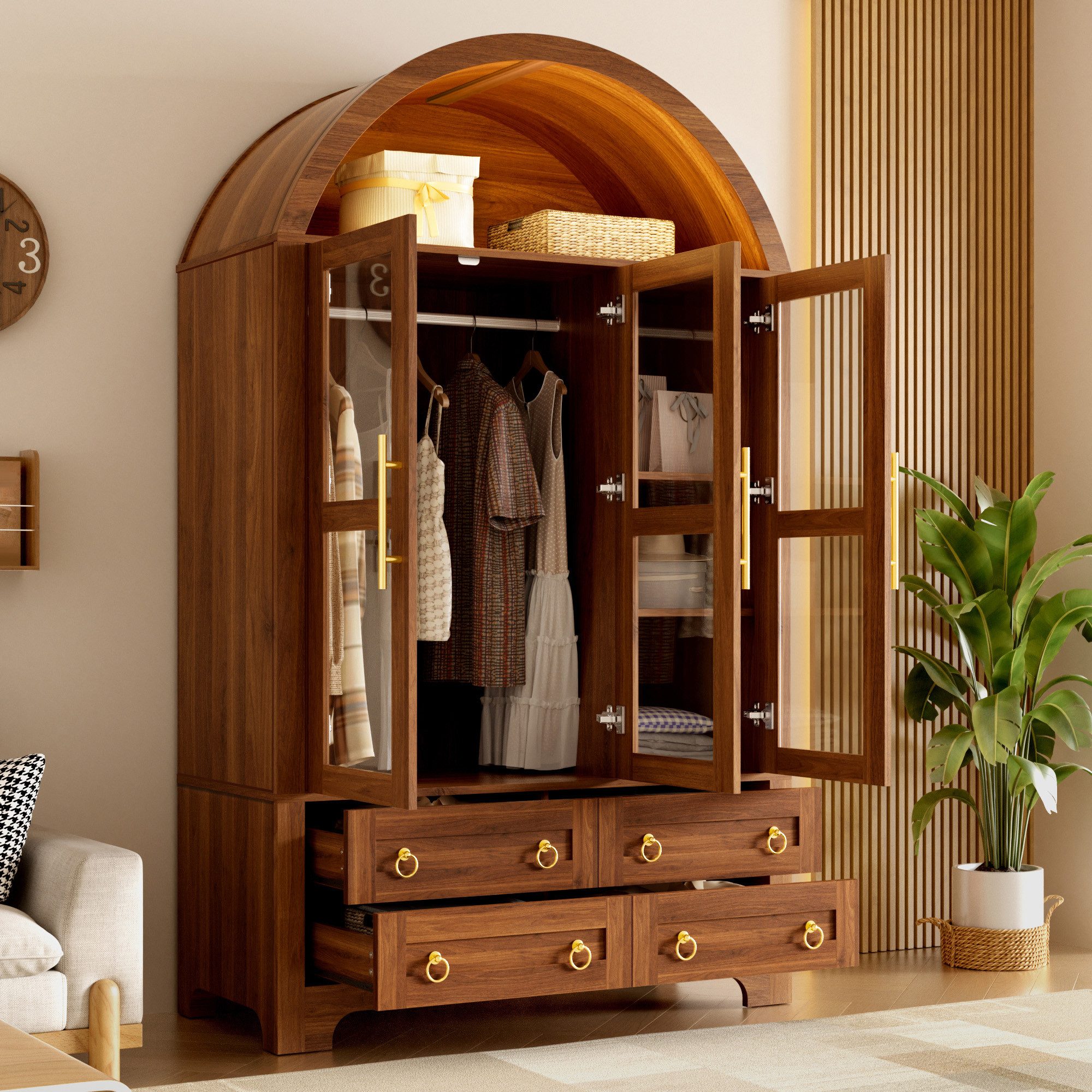 Odikalo Kleiderschrank Kleiderschränke Schlafzimmerschrank mit LED Schubladen Kleiderstange (Flurgarderobe mit 3 Glastüren und 4 Schubladen, Vitrinenschrank, Wohnzimmerschrank, Aufbewahrungsschrank, Kleiderschrank mit LED-Beleuchtung App-steuerbare)