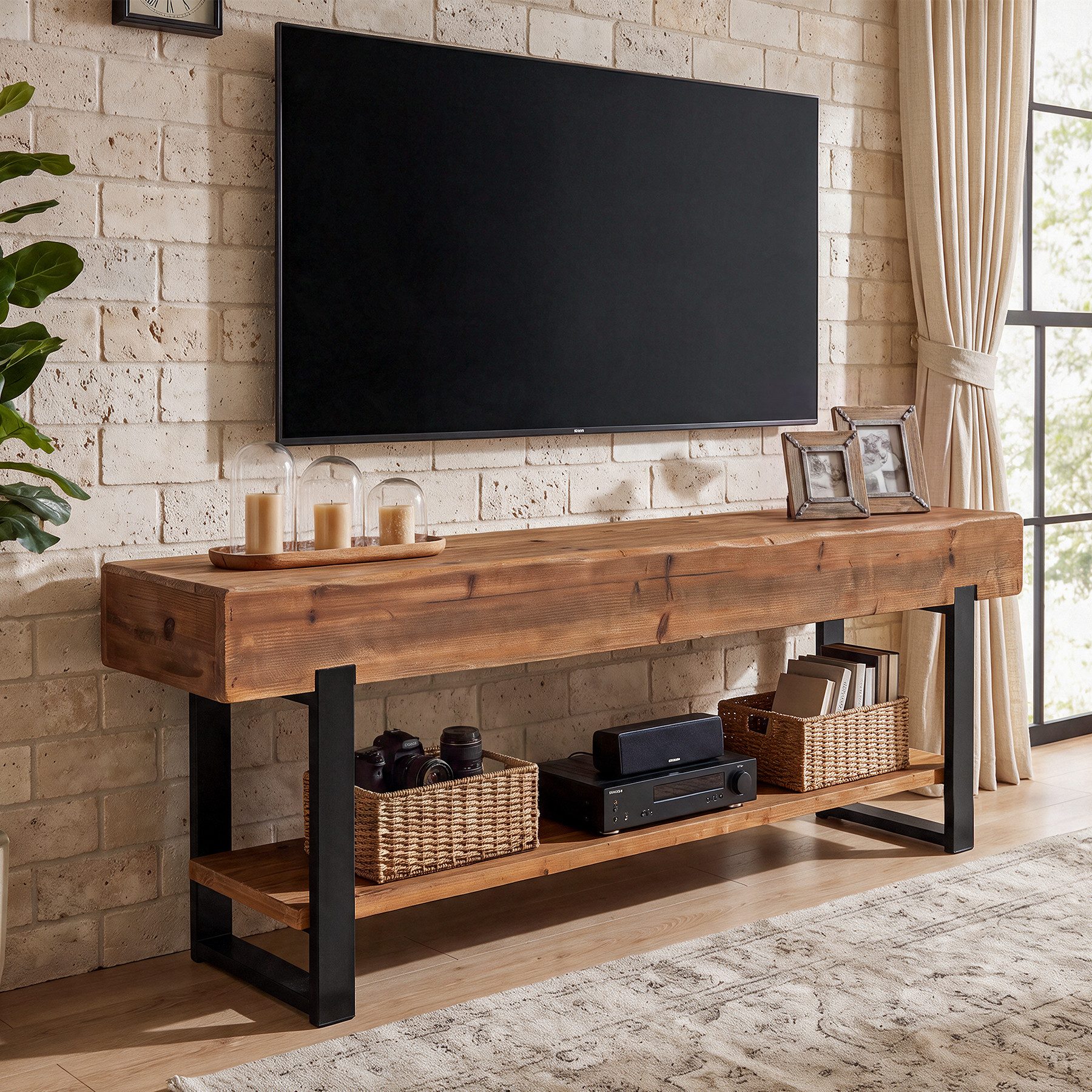 Tribesigns TV-Ständer TV-Schränke für 55/60/65-Zoll-Fernseher, 2-stöckiges Konsolentisch, (Entertainment-Center Industriestil mit Metallrahmen, TV-Konsole Holz für Wohnzimmer, rustikales Braun)