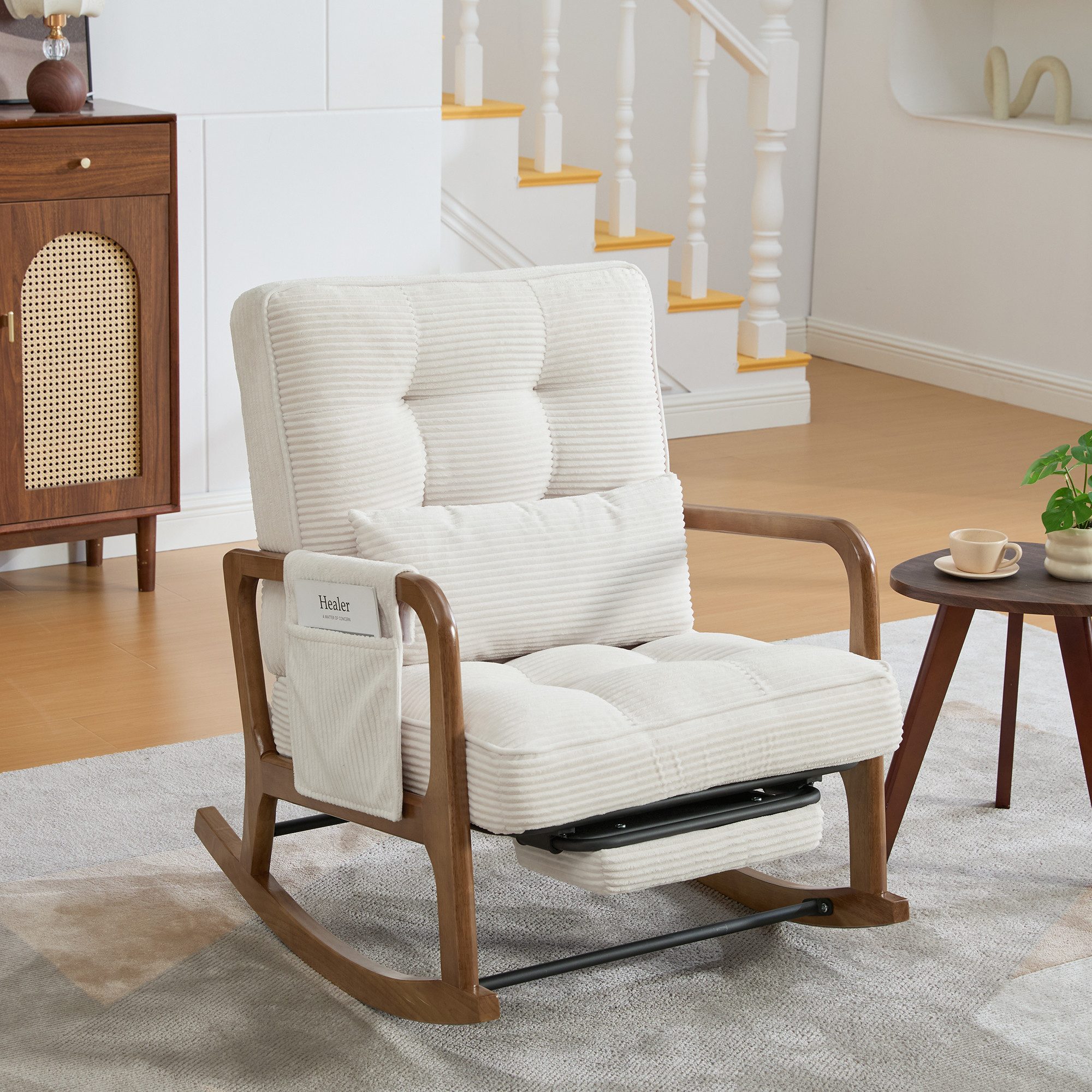 HAUSS SPOLE Schaukelstuhl mit Lendenkissen,Freizeitstuhl Loungesessel mit Fußstütze,Beige (Polstersessel Wohnzimmerstuhl mit Cord-Stoffbezug und 3-stufiger Rückenlehnenverstellung), Relaxsessel Ergonomiesessel mit hochbelastbarer Holzkonstruktion