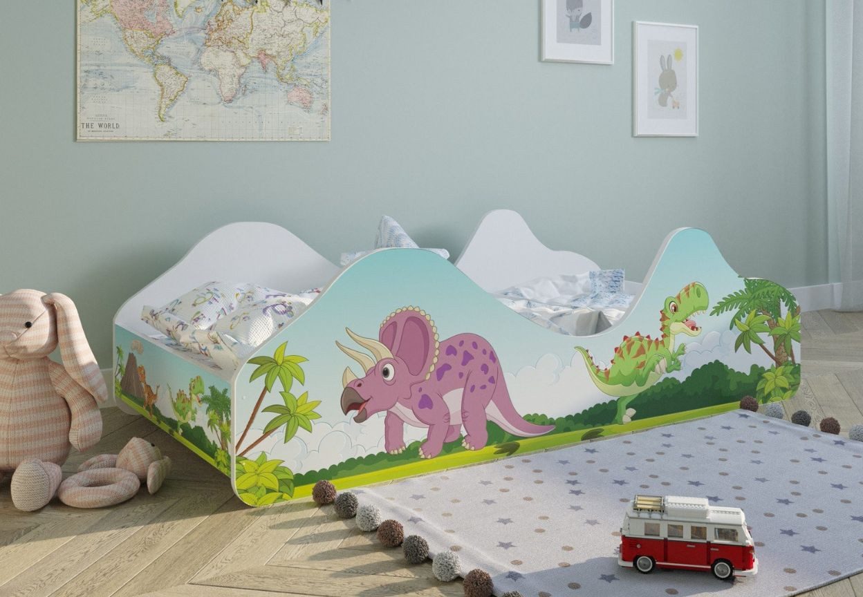 Kids Collective Kinderbett Jugendbett 80x160 mit Rausfallschutz, Dinosaurier oder Piraten Motiv, 80x160 cm Dino Motif