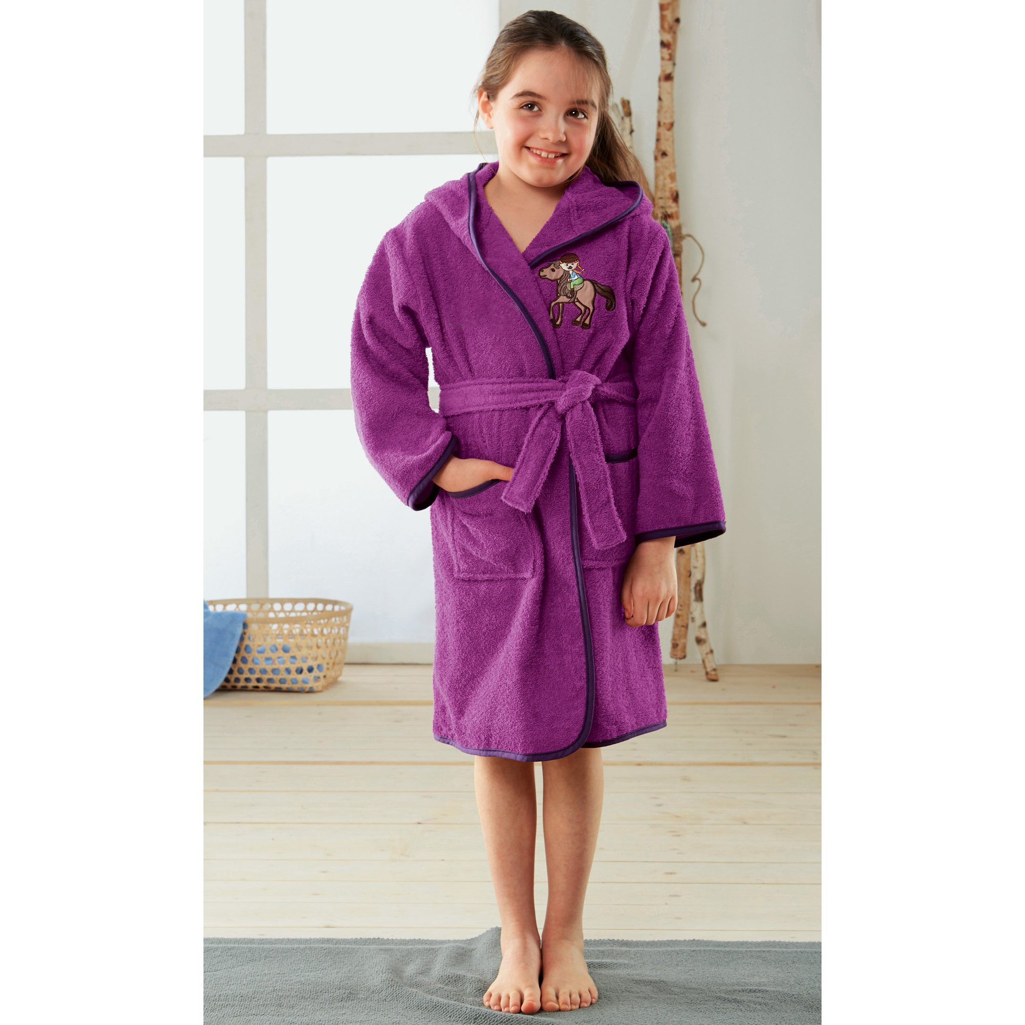Erwin Müller Kinderbademantel Kinder-Bademantel mit Kapuze, Rückenlänge: 65 cm, Frottier, mit Kapuze/mit Aufsatztasche:, default, Walk-Frottier Uni/Motiv: Pferd – Bild 3 von 4
