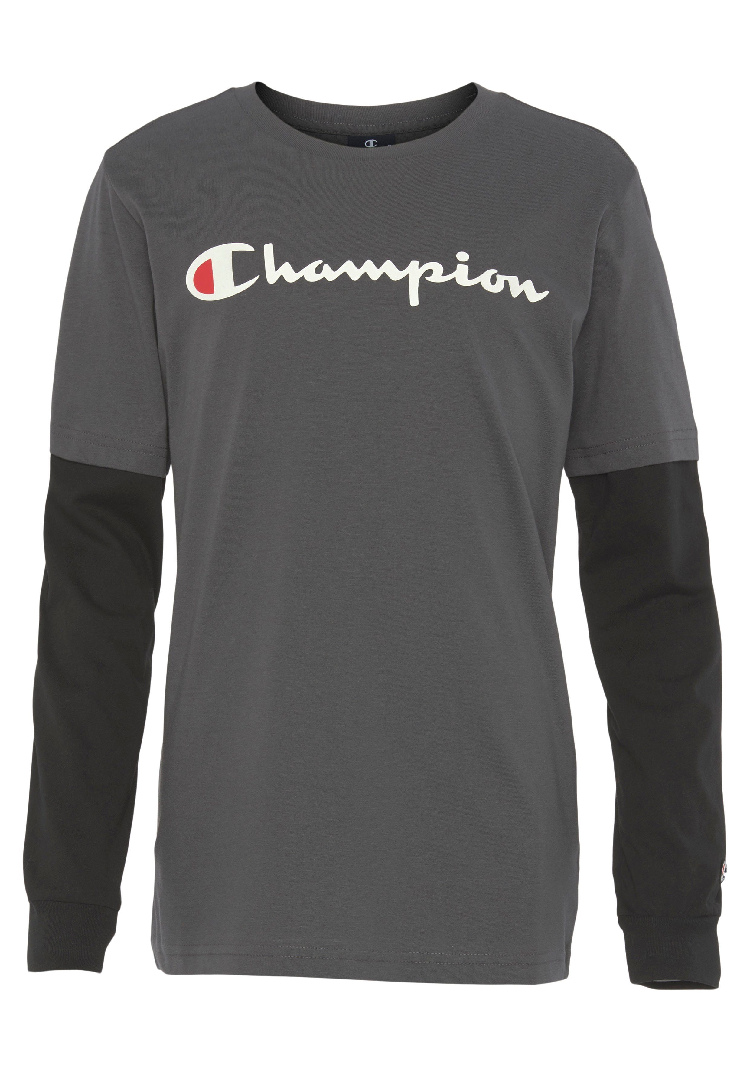 Champion Langarmshirt Classic Long Sleeve large Logo - für Kinder grau