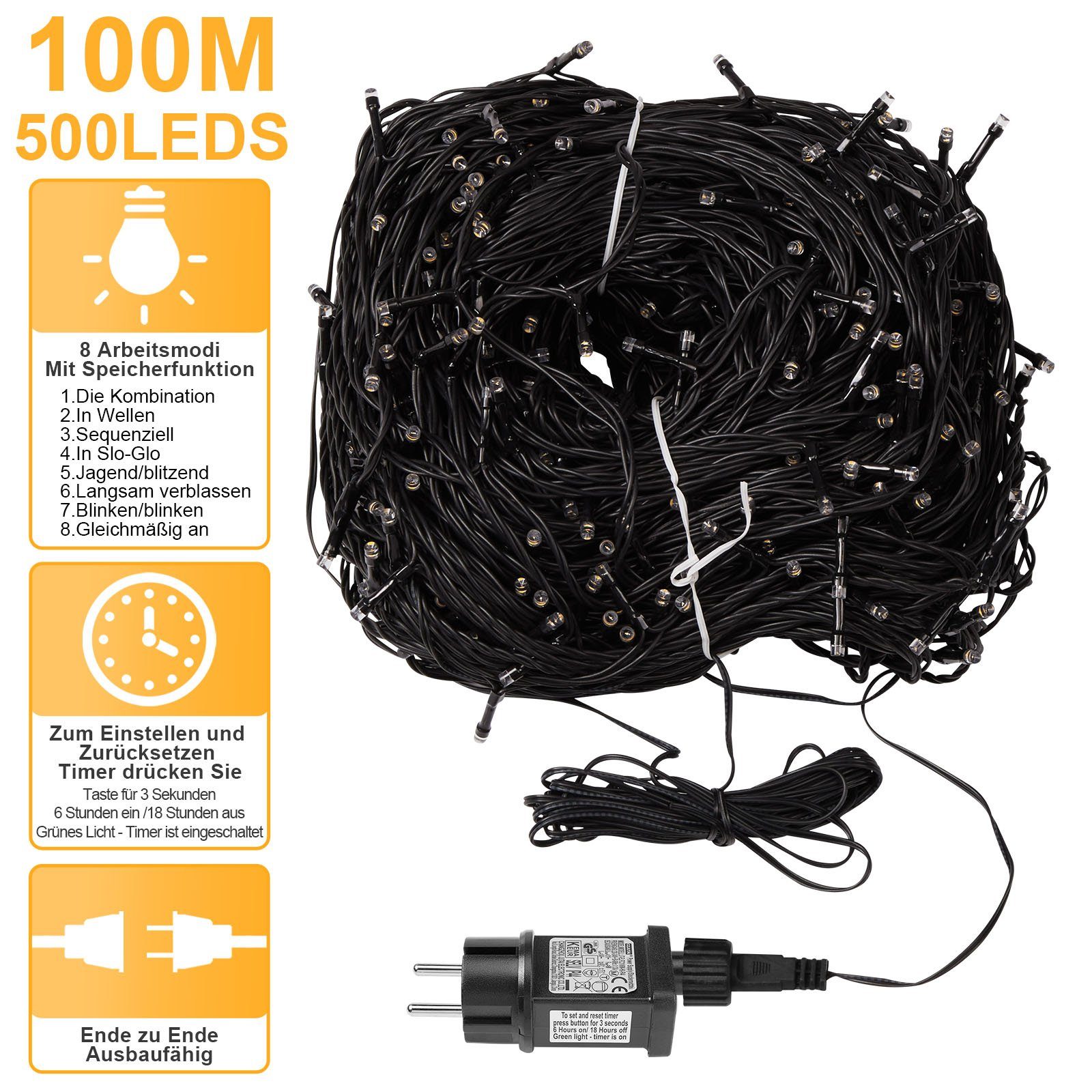 Sunicol LED-Lichterkette 5-100M lichterkette innen, USB/mit Stecker, Warmweiß, 500-flammig, Dimmbar, 8 Modi, Timer, für Weihnachten Garten Party – Bild 2 von 5