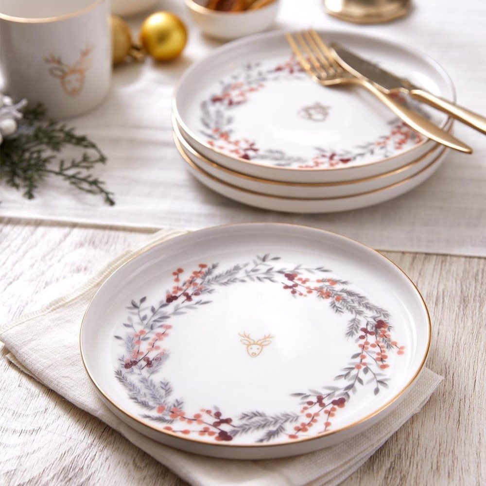 Kütahya Porselen Teller-Set Kütahya Porselen 4er Dessertteller Set 19 cm – Weiß mit Goldrand, Porzellan