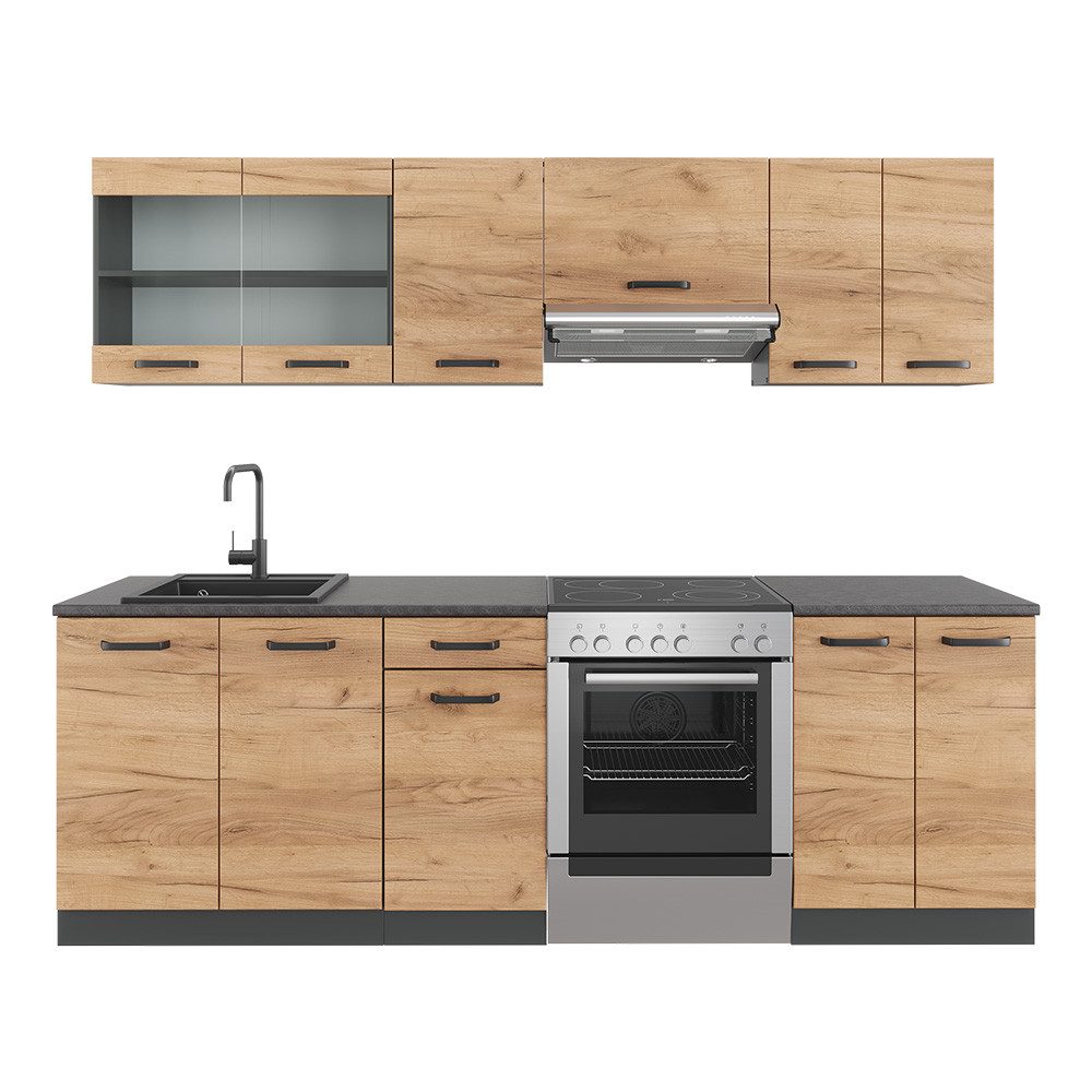 Vicco Küchenzeile R-Line, Goldkraft Eiche/Anthrazit, 240 cm, AP Schwarz gemustert