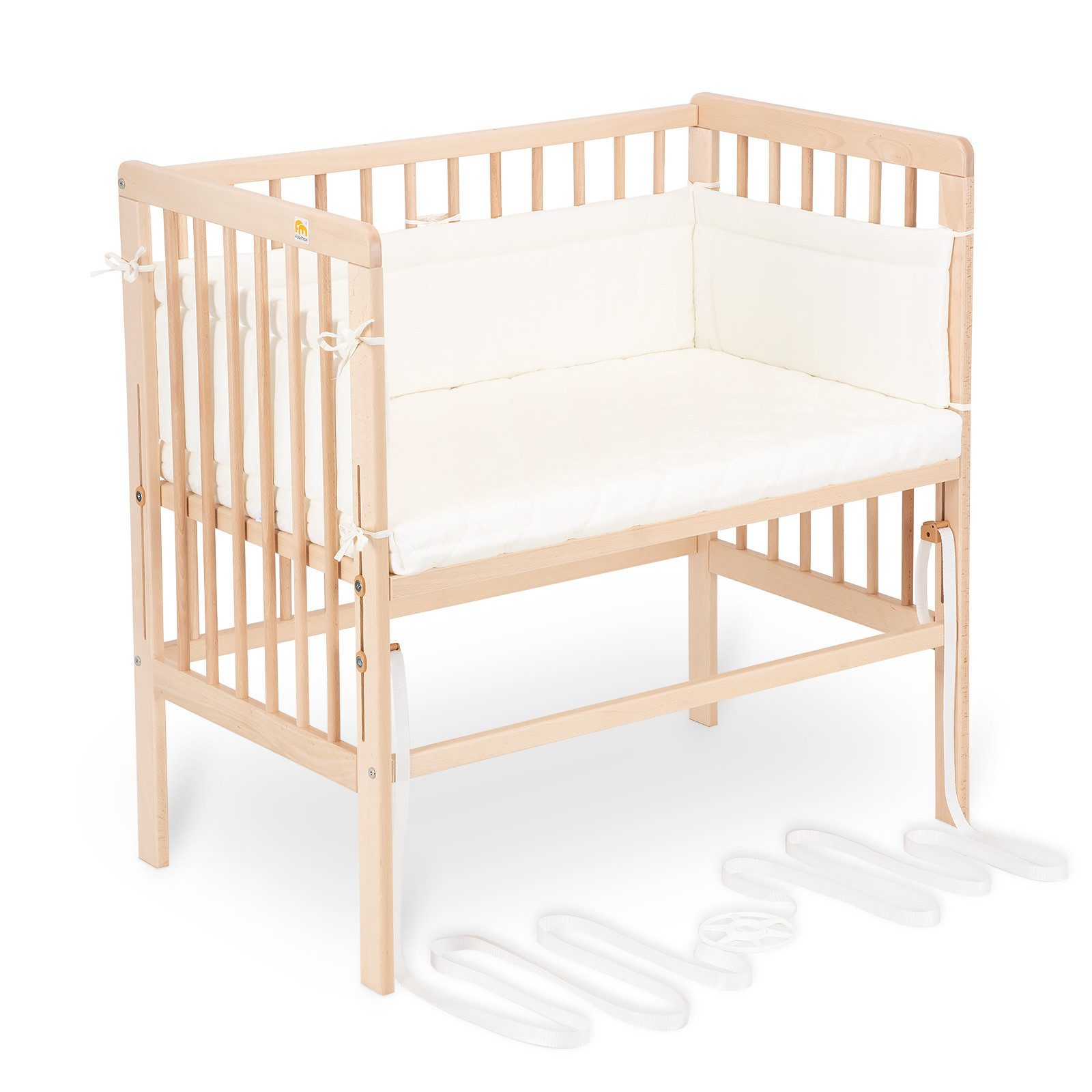 Beistellbett Babybett Boxspring klar lackiert, 90 x 55 cm Liegefläche