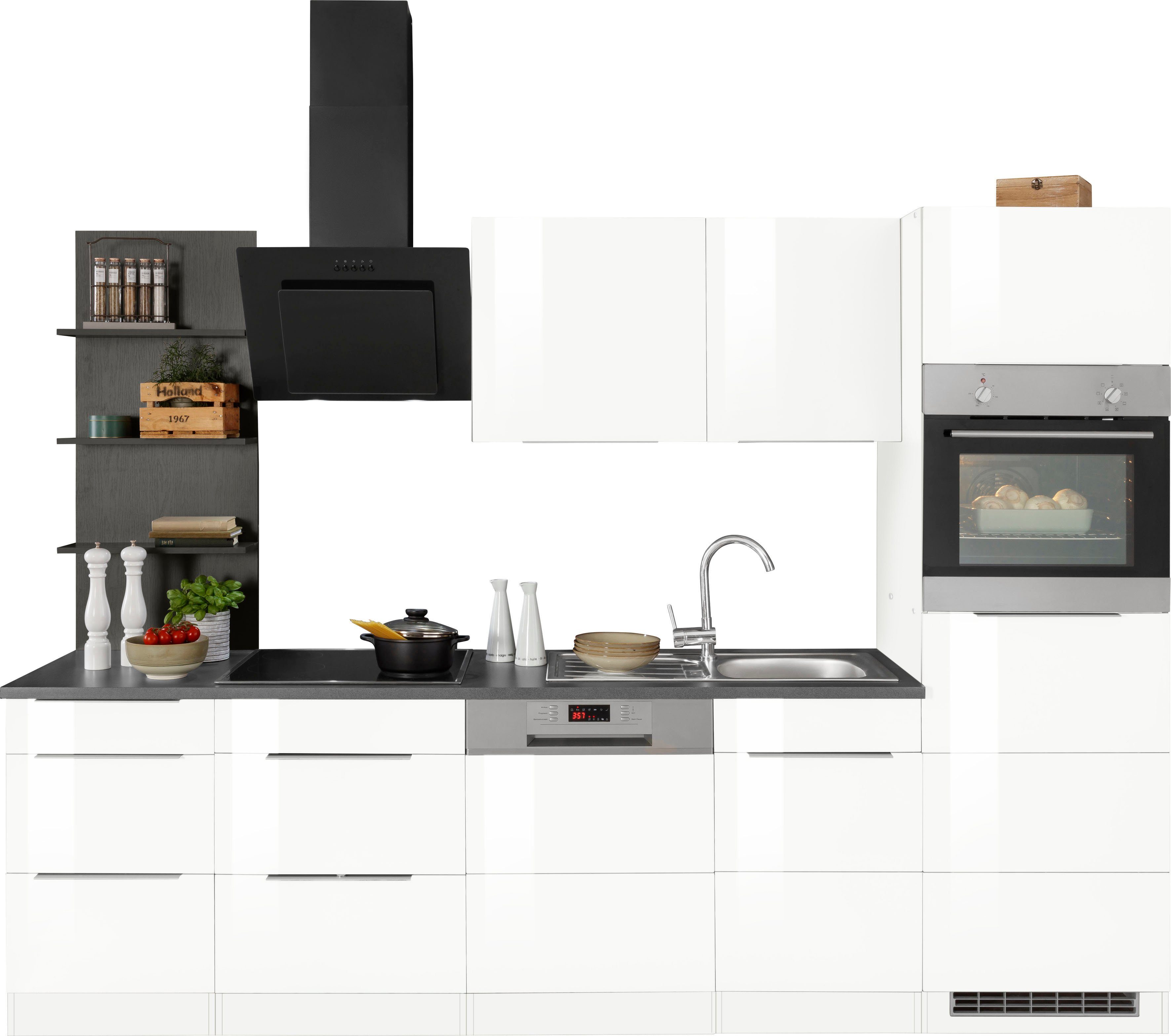 HELD MÖBEL Küchenzeile Brindisi, mit E-Geräten, Breite 280 cm weiß Hochglanz/weiß | weiß