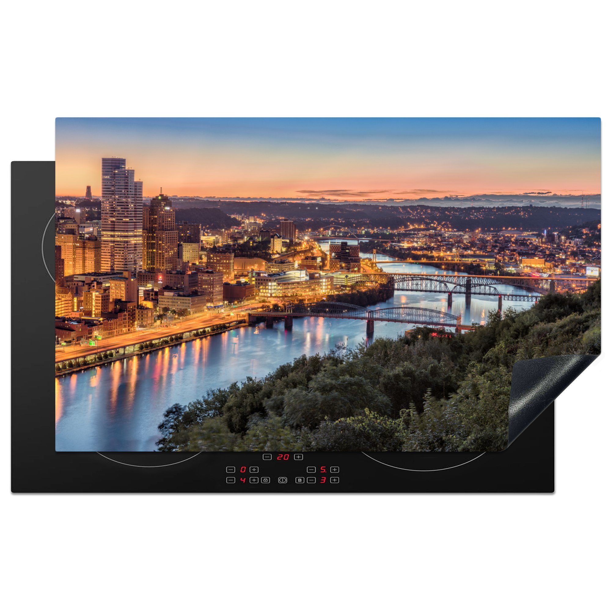 MuchoWow Herdblende-/Abdeckplatte Der Horizont des innerstädtischen Pittsburgh in Pennsylvania, USA, Vinyl, (1 tlg), 83x51 cm, Ceranfeldabdeckung, Arbeitsplatte für küche