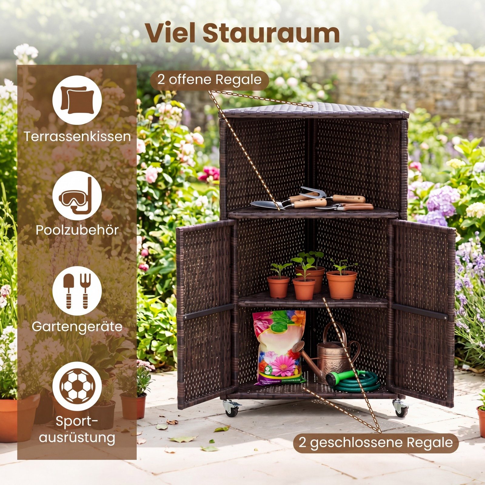 COSTWAY Garten-Geräteschrank, BxT: 47x66 cm, Terrassenschrank Rattan Ecke