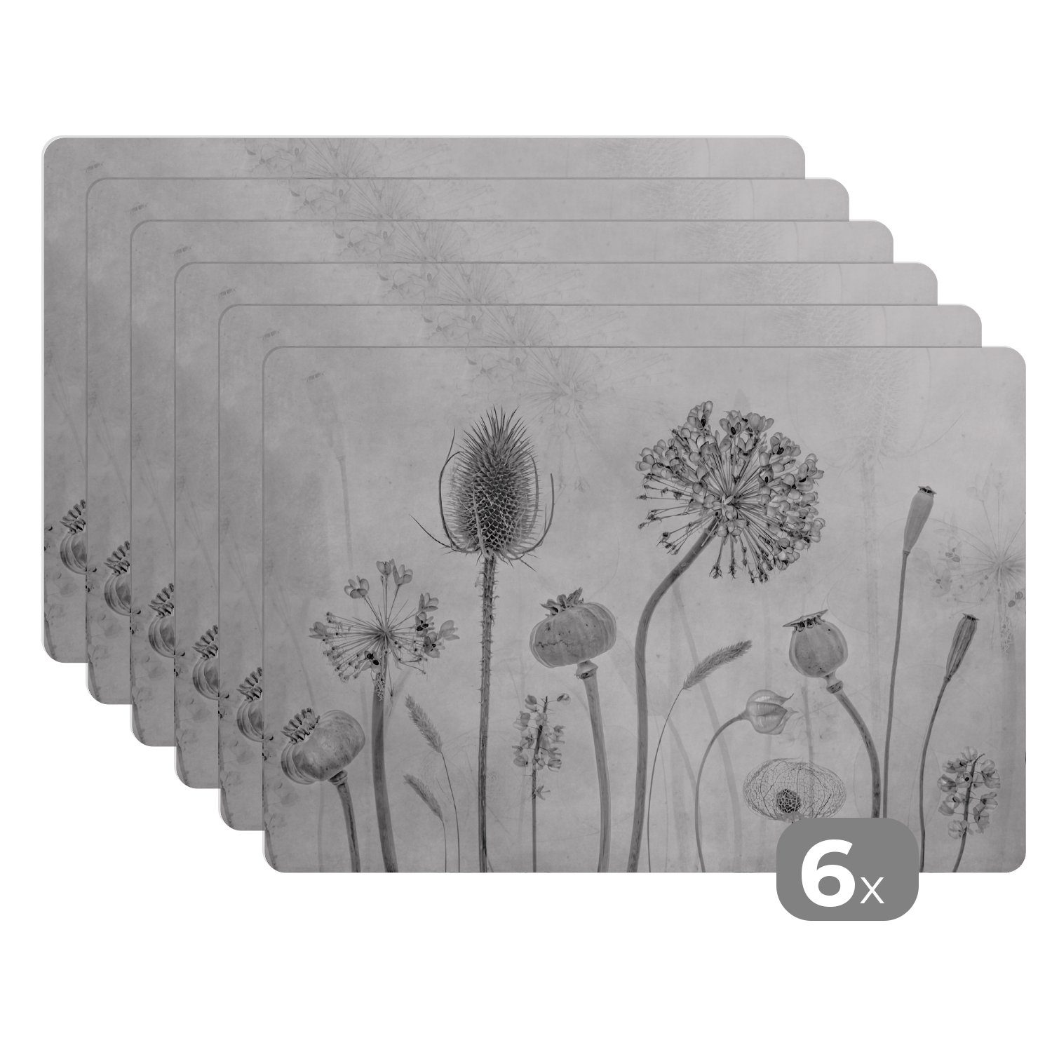 MuchoWow Platzset Stilleben - Schwarz und weiß - Natur, (6-St), Platzsets, Tischset, Abwaschbar, Tischsets, Platzdeckchen