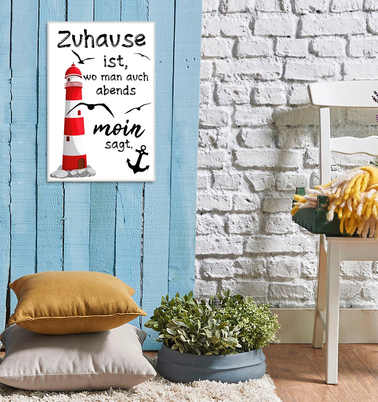queence Metallbild Moin, Küste, Leuchtturm, Schriftzug, günstig online kaufen