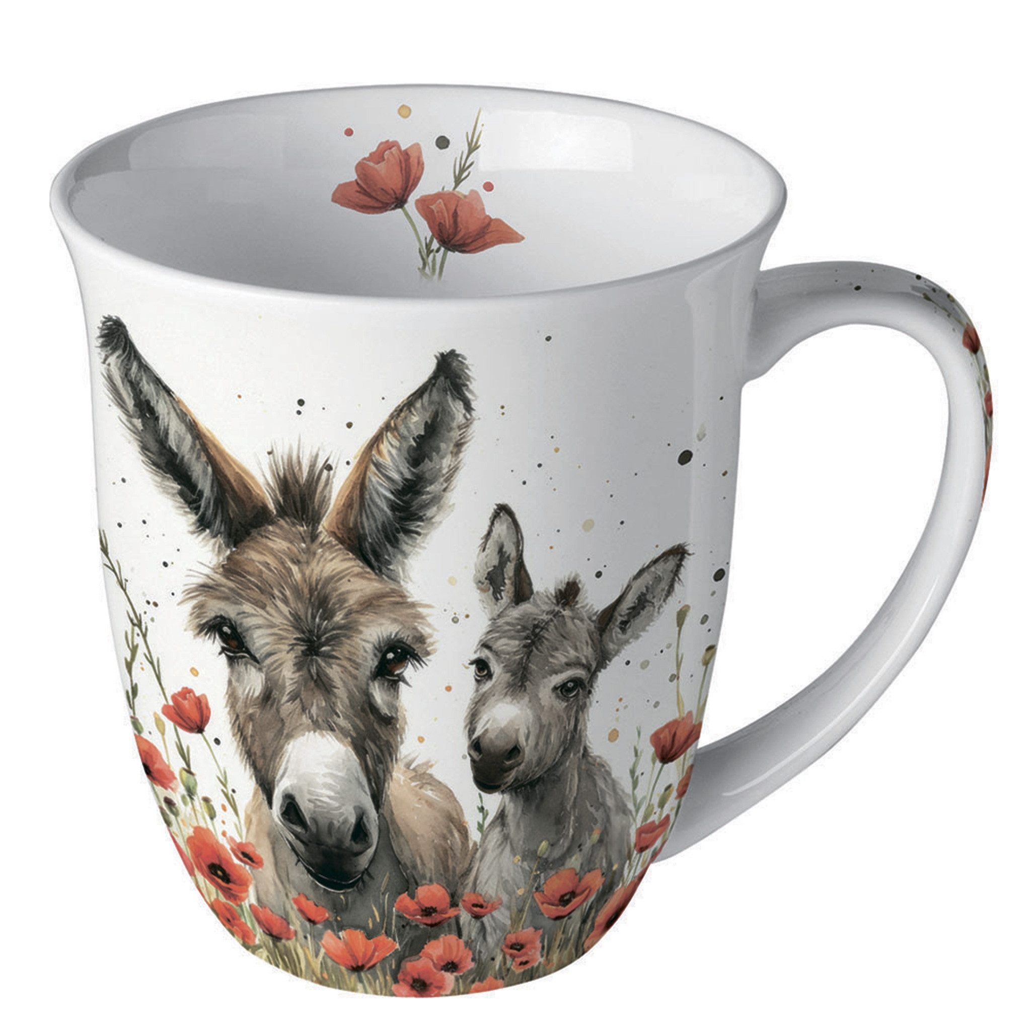 Ambiente Luxury Paper Products Tasse, Keramik, Tasse 10cm Porzellan 0,4L mit Eseln und Mohnblüten Weiß Grau Braun