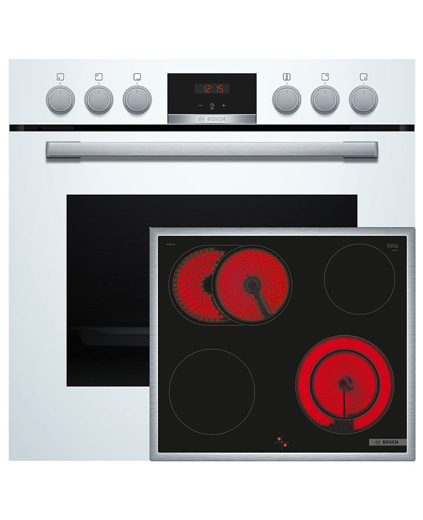 BOSCH Elektro-Herd-Set HND411LW63, mit Teleskopauszug nachrüstbar, 3D-Heißluft, Versenkknebel, Bedienfeld am Herd, Bräterzone