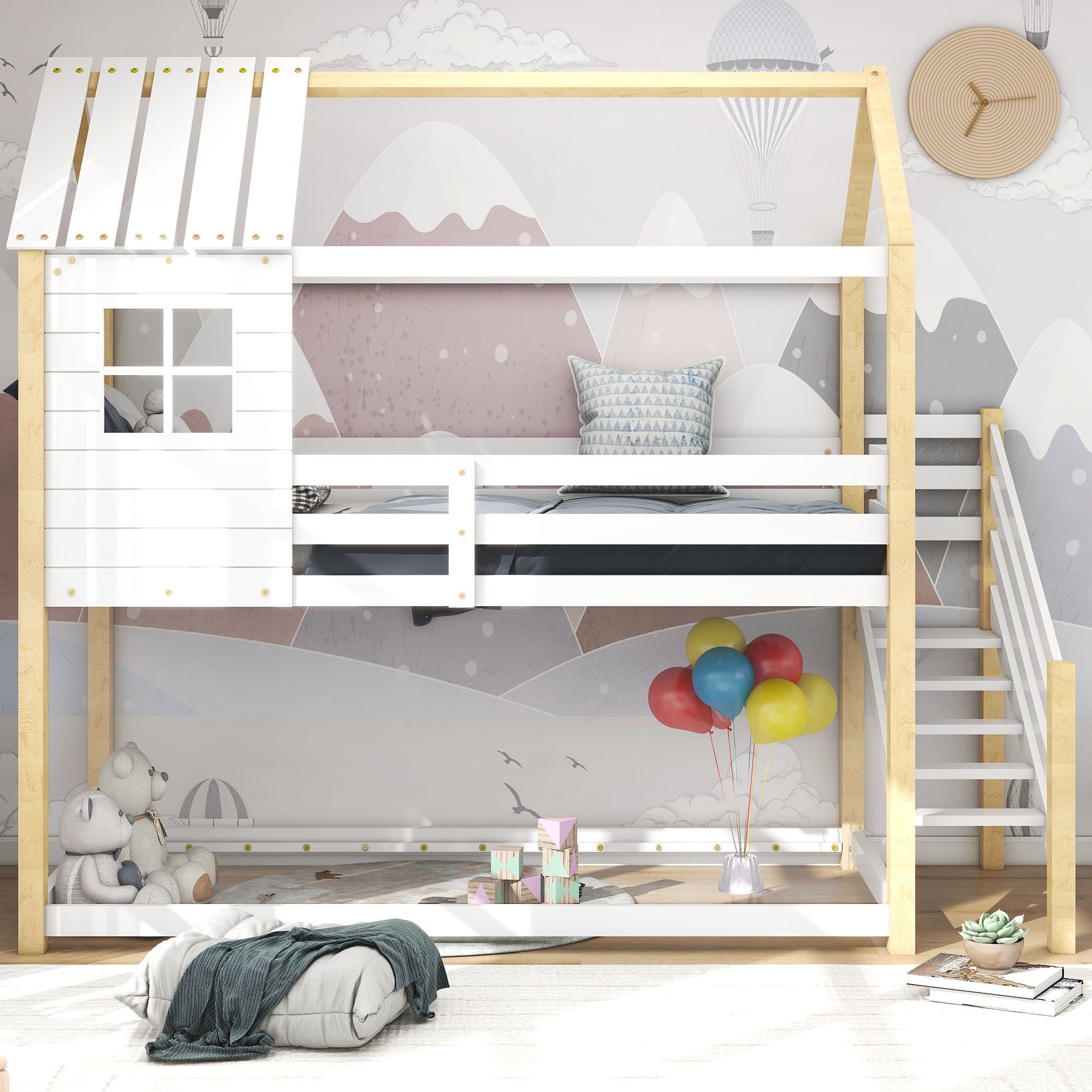 Holzbett Kieferholz, inkl. Lattenrost Schlafgelegenheiten, 2 Etagenbett Hochbett 90x200 und Kinderbett Hausbett mit cm, SOFTWEARY weiß-natur Rausfallschutz, aus Leiter,