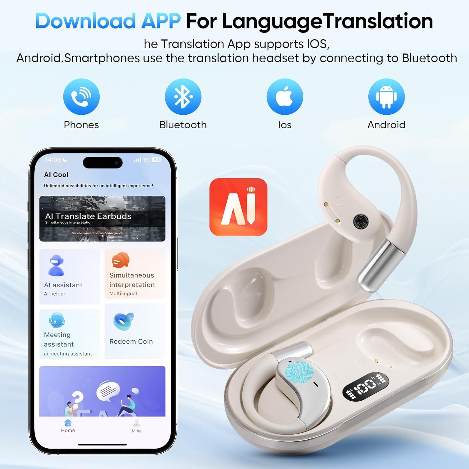 Forrlite In Ear Ohrhörer, Sprachübersetzer Kopfhörer AI Übersetzungskopfhörer Open-Ear-Kopfhörer (3-in-1 Sprachübersetzer Kopfhörer, Bluetooth 5.4 Sport-Kopfhörer, für Übung, Büro und Langzeitgebrauc, Bluetooth Kopfhörer)