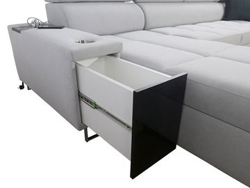 MIRJAN24 Wohnlandschaft Morena VI, mit zwei Bettkästen und Schlaffunktion, Einstellbare Kopfstützen, USB-Anschluss, Barfach, Lampe, Steckdose