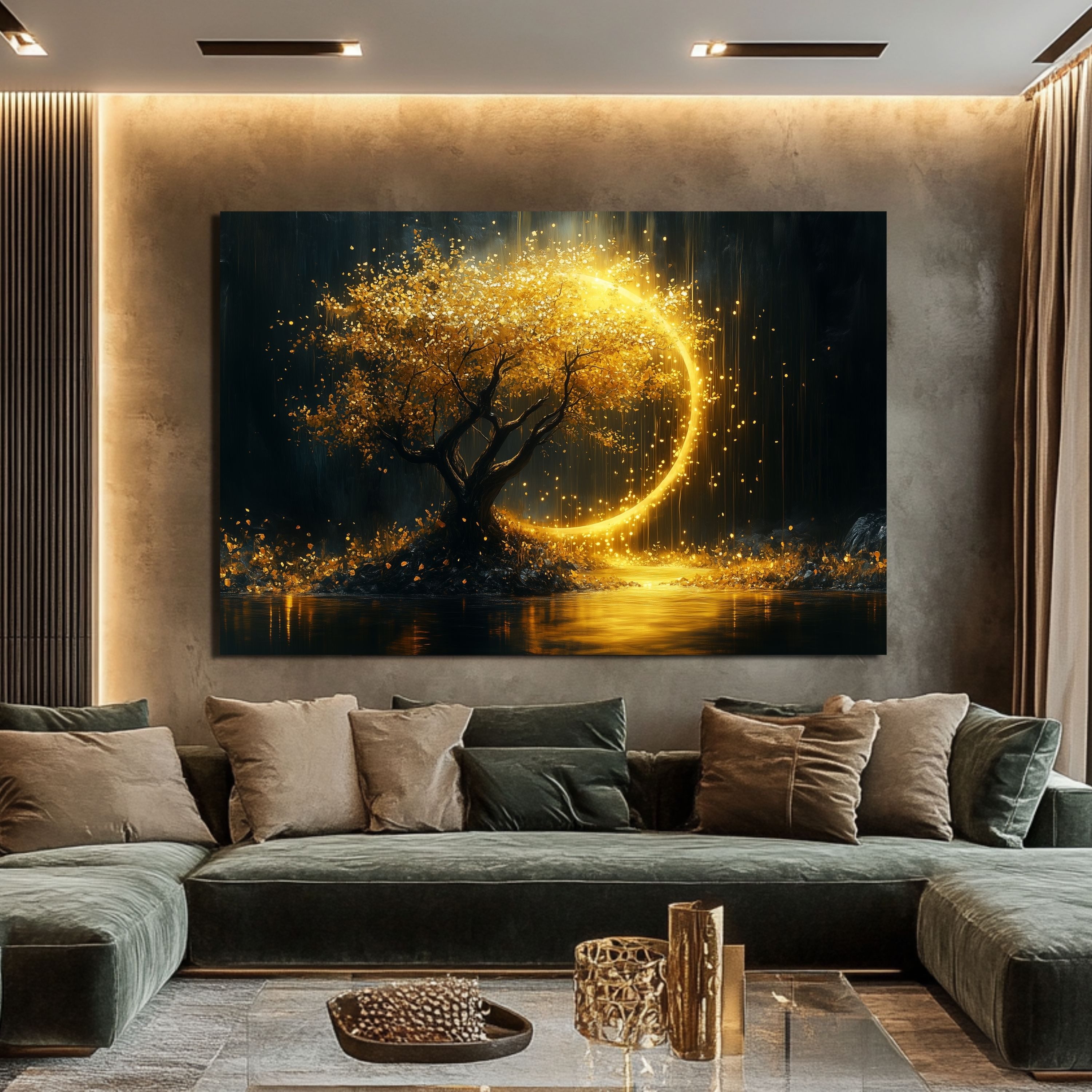DARO Design Leinwandbild Modern Abstrakt Wandbilder XXL Wandbild Wand Deko Leinwand Bilder, (Bäume mit goldenem Mond - Bild groß Wohnzimmer Schlafzimmer Küche E – Bild 4 von 5