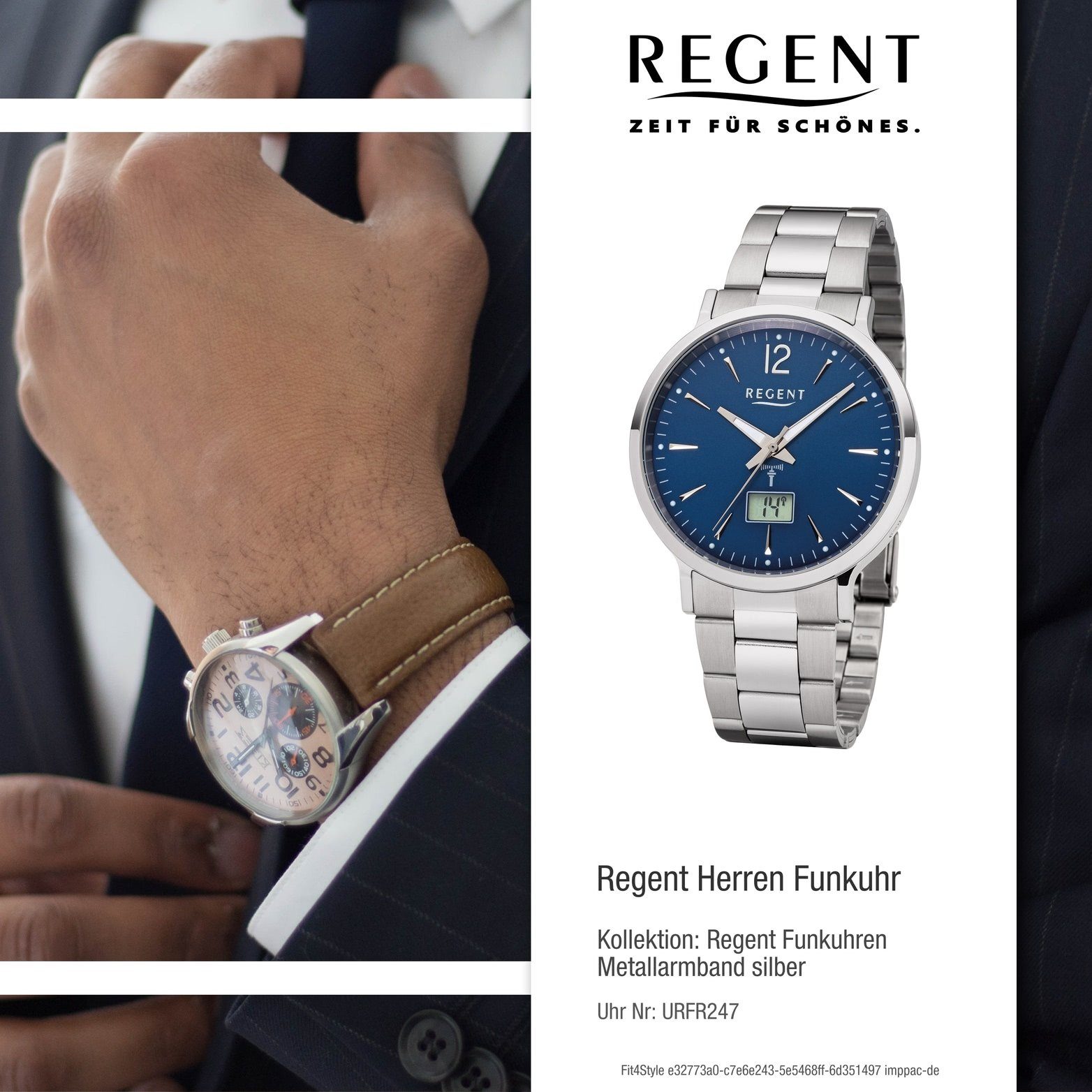 Regent (ca. Regent Funkuhr mit Metall Gehäuse Metallarmband, Uhr FR-247, 40mm), Elegant-Style Herren Herrenuhr rundes