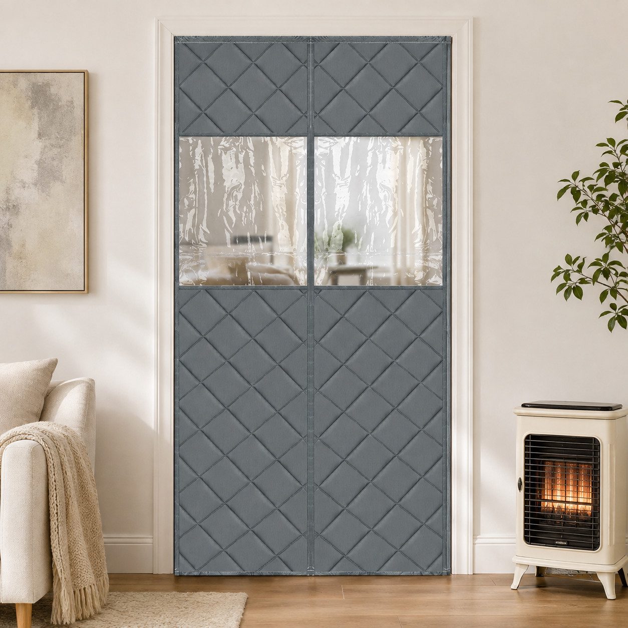 LMaxhome Türvorhang Thermovorhang mit Sichtfenster, Magnetisch, Kälteschutz, 90 x 210 cm, Wärmeschutzvorhang 420 GSM Oxford, ohne Bohren, für Tür & Balkon