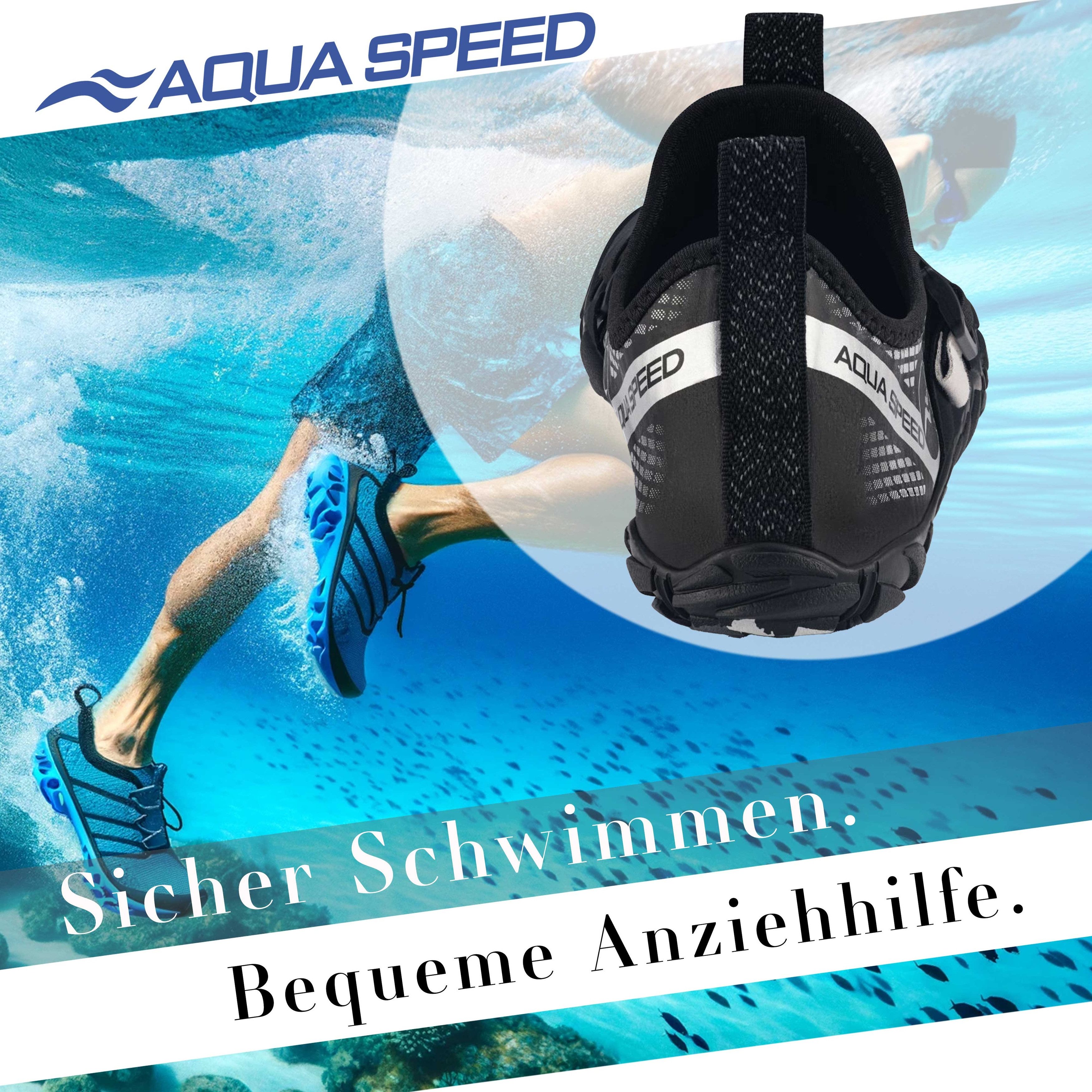 Aqua Speed Schwimmschuhe LACERTO Gr. 43 – Schwarz/Silber + Handtuch Wasserschuh (Leichte Aquaschuhe – vielseitig tragbar & platzsparend) Sicherer Halt am Beckenrand, auf Steinen oder Fliesen