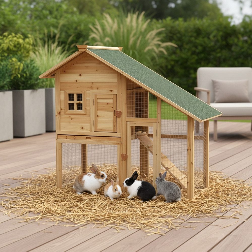 Melko Kleintierstall Hasenkäfig Kaninchenkäfig Überdachung Freilaufgehege Kleintierstall, Inkl. Leiter (Lauframpe)