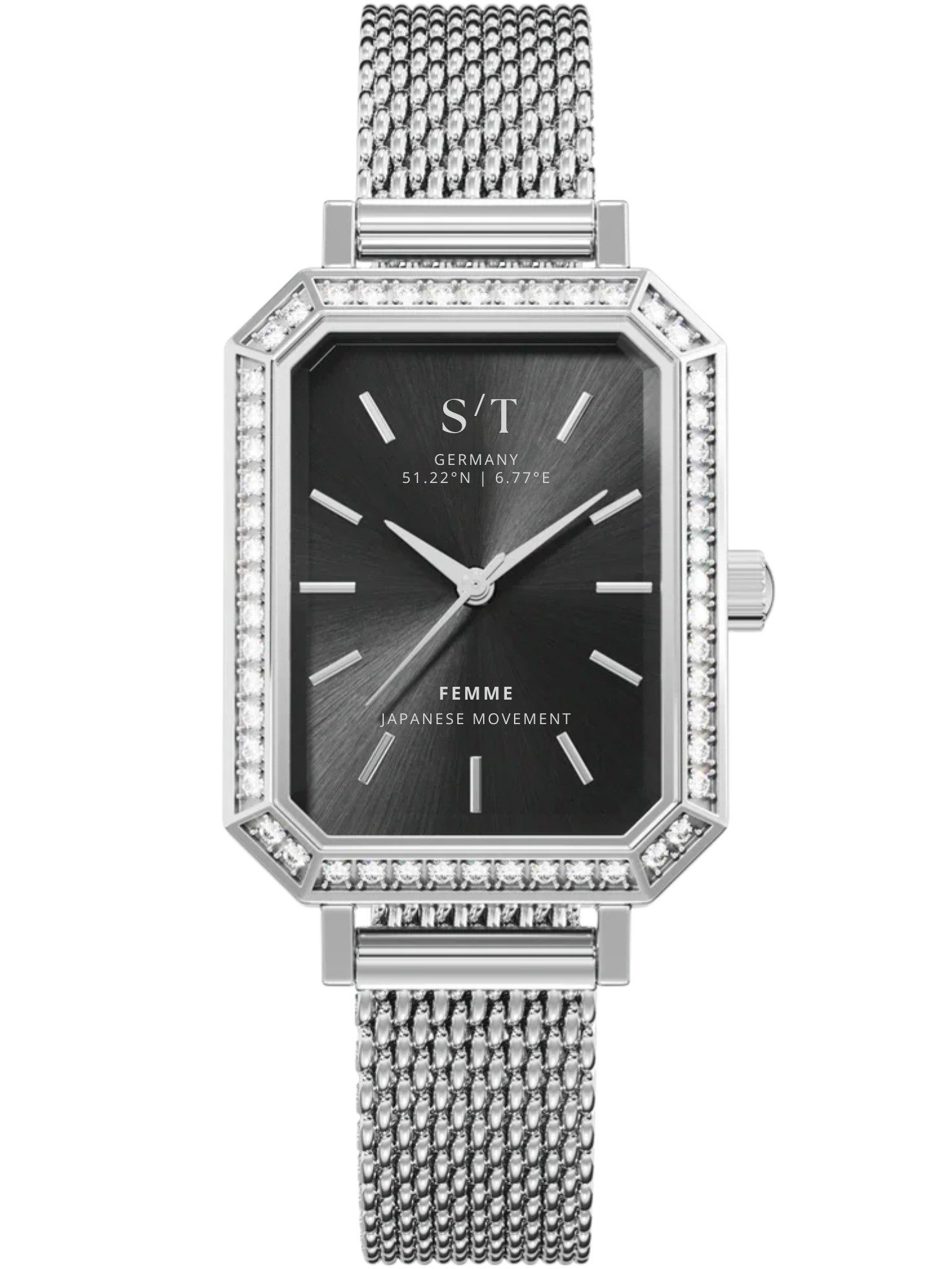 S&T Design Quarzuhr Damen Uhr Diamant Mesh Armbanduhr Edelstahl Damenuhr Rechteckig Frauen S/T FEMME, (Packung, 1-tlg., Mit Mesh Armband und Armbandkürzer), 5 ATM Wasserdicht Japanisches Uhrwerk Rechteckig Mesh Armband