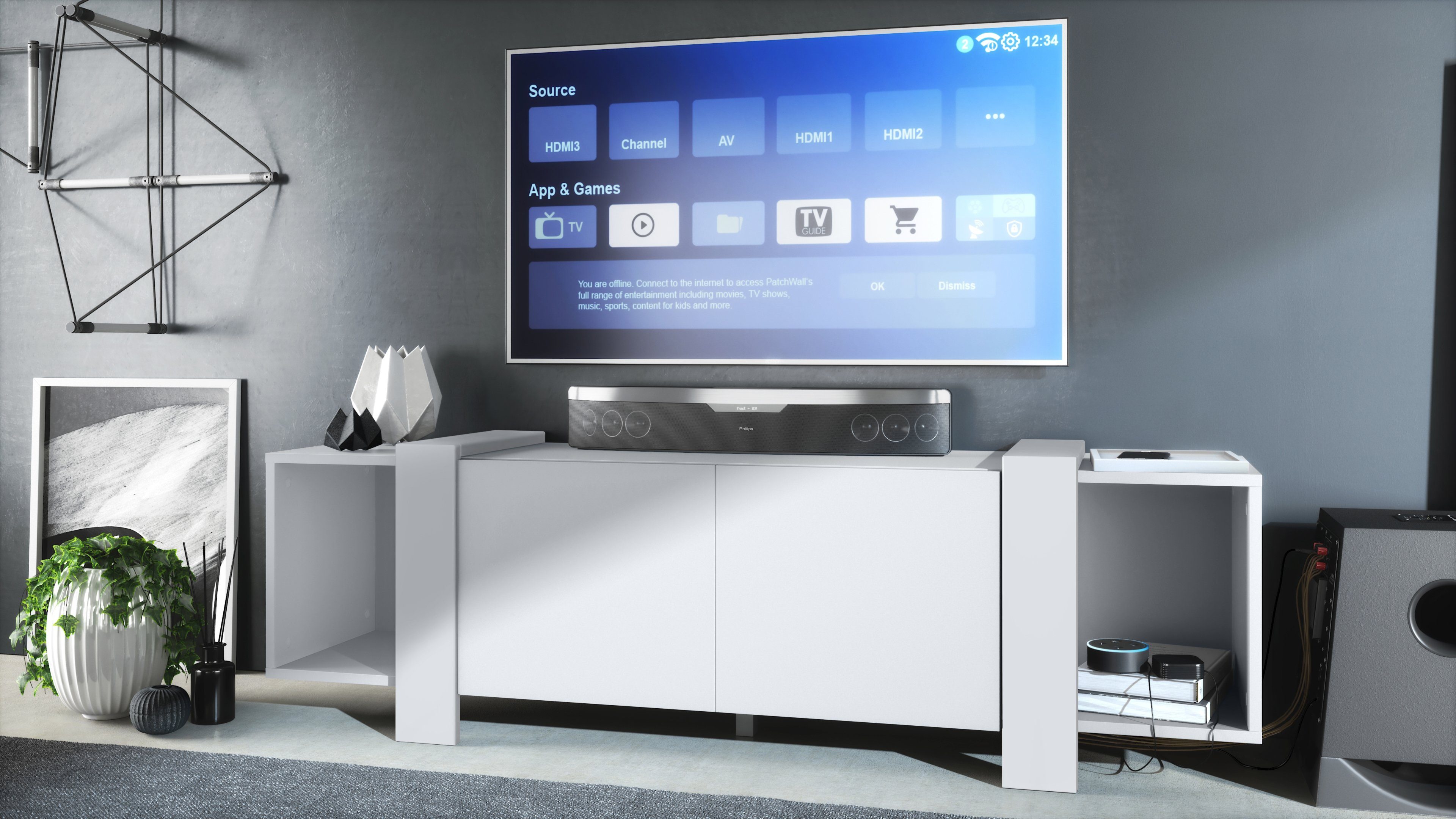 Vladon Lowboard Ida (TV-Kommode, mit 2 Türen und 2 offene Fächer), Weiß matt (149 x 45,5 x 34 cm)
