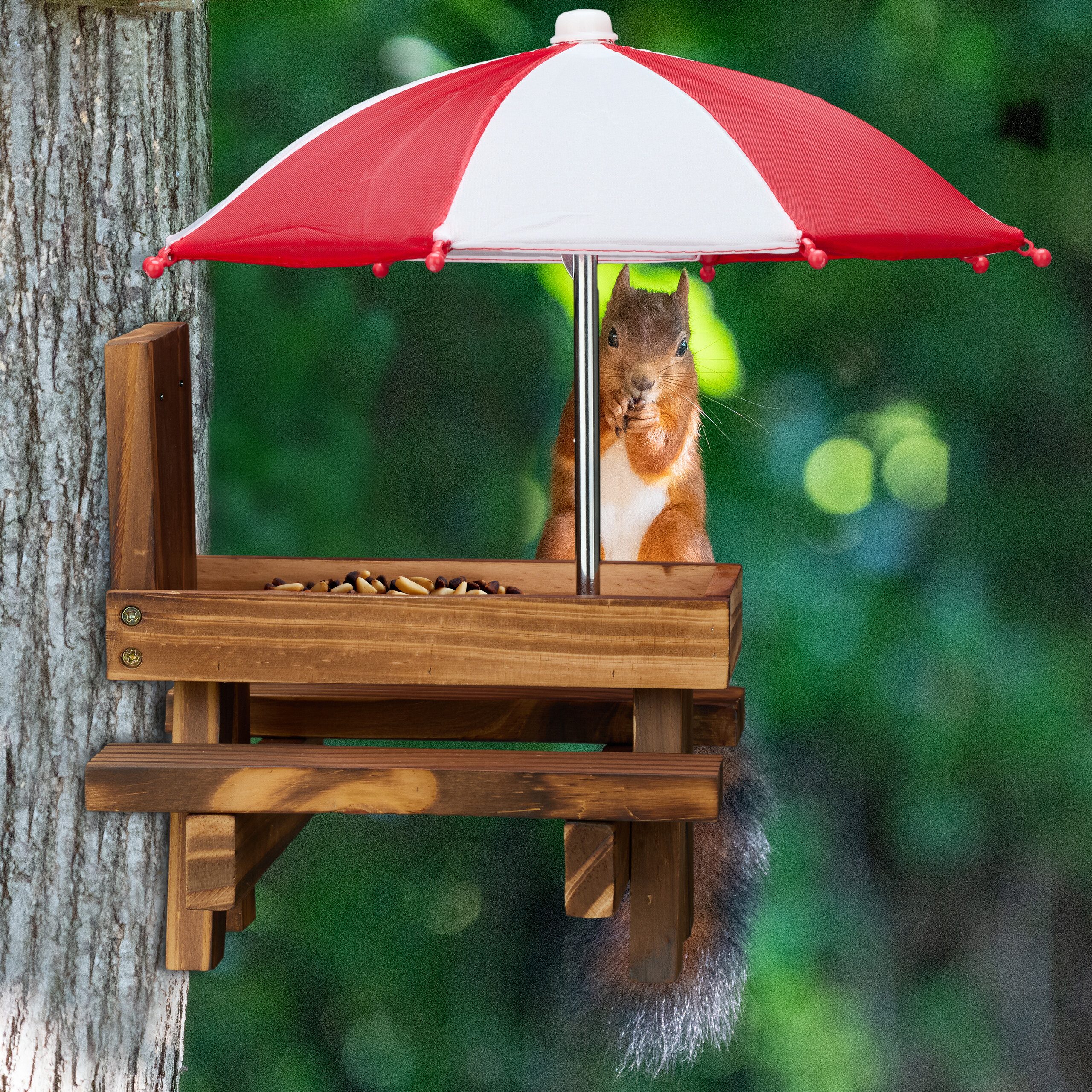 relaxdays Futterspender Eichhörnchen Tisch mit 2 Schirmen, dunkelbraun