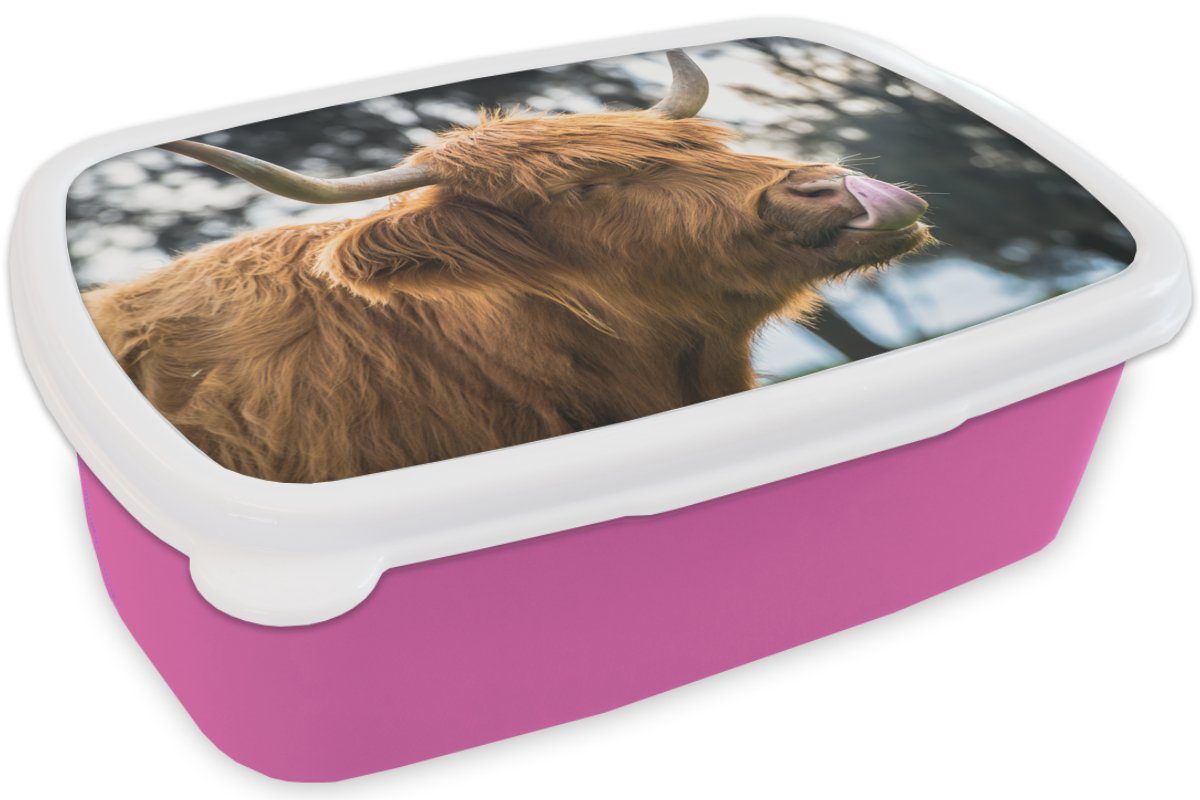 MuchoWow Lunchbox Schottischer Kunststoff - (2-tlg), - Brotbox Kunststoff, Kinder, Mädchen, Brotdose für rosa Nase Erwachsene, Snackbox, Highlander Baum